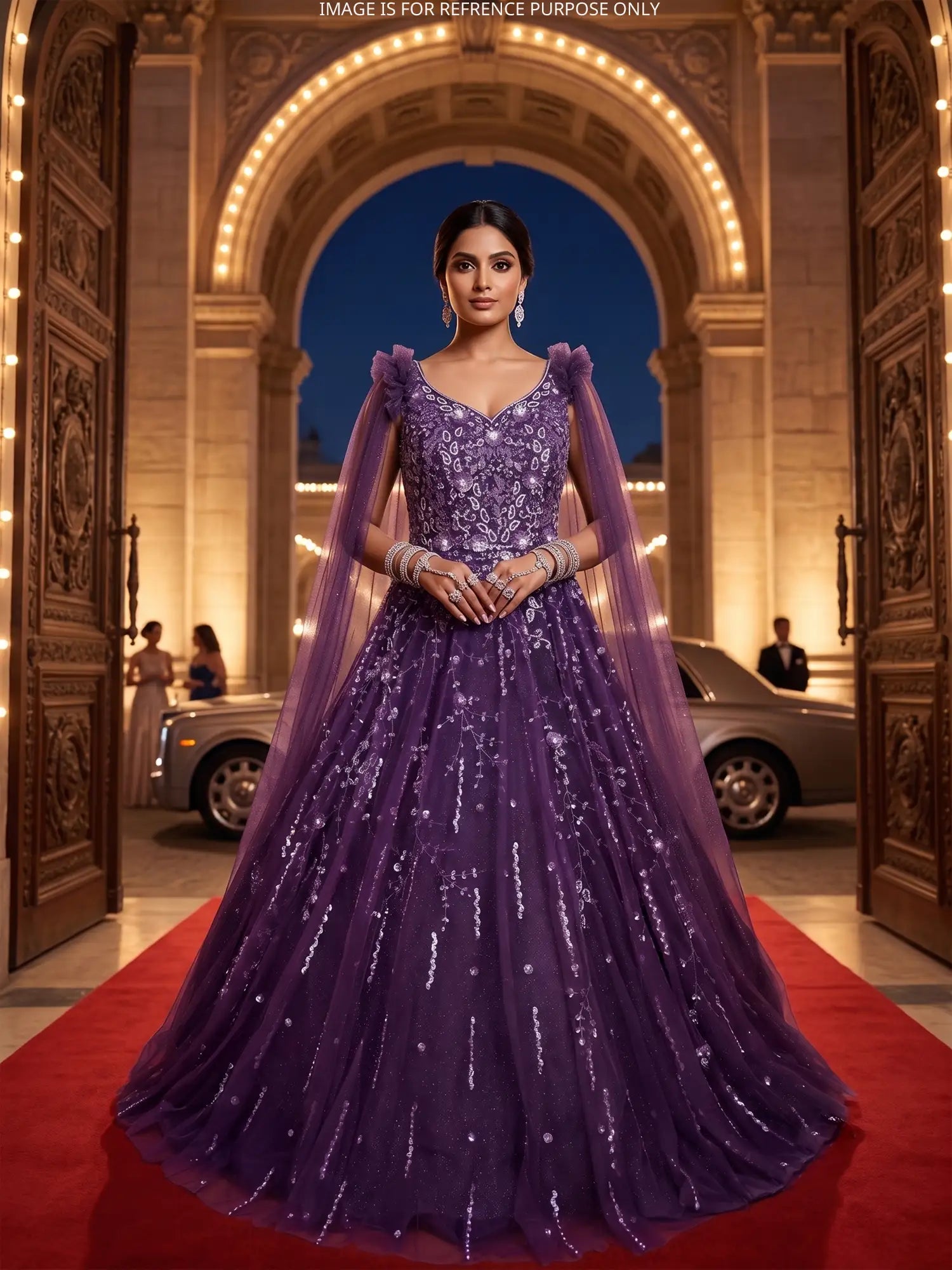 Purple Long Designer Gown Highlighting Pearl Diamond Work