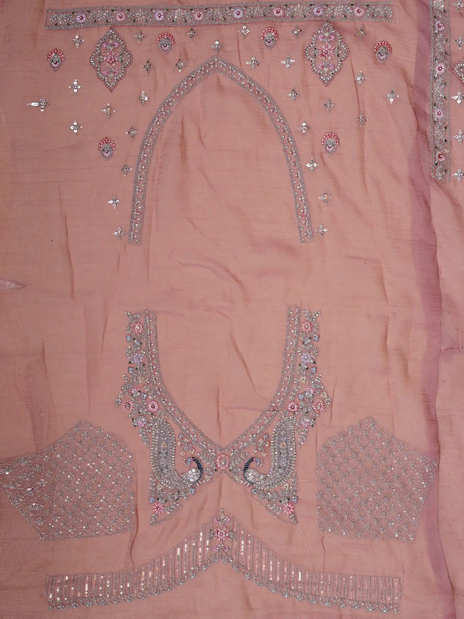 Twin Shade Purple Pink Unstitched Silk Lehenga With Elephant Peacock Motifs