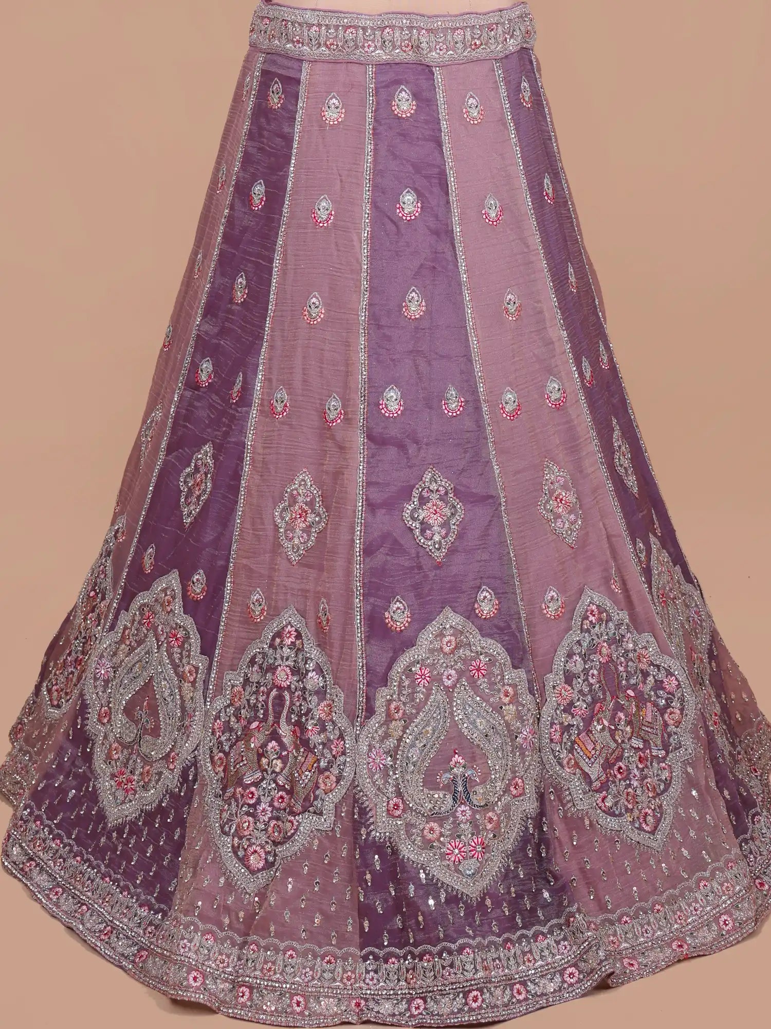 Twin Shade Purple Pink Unstitched Silk Lehenga With Elephant Peacock Motifs
