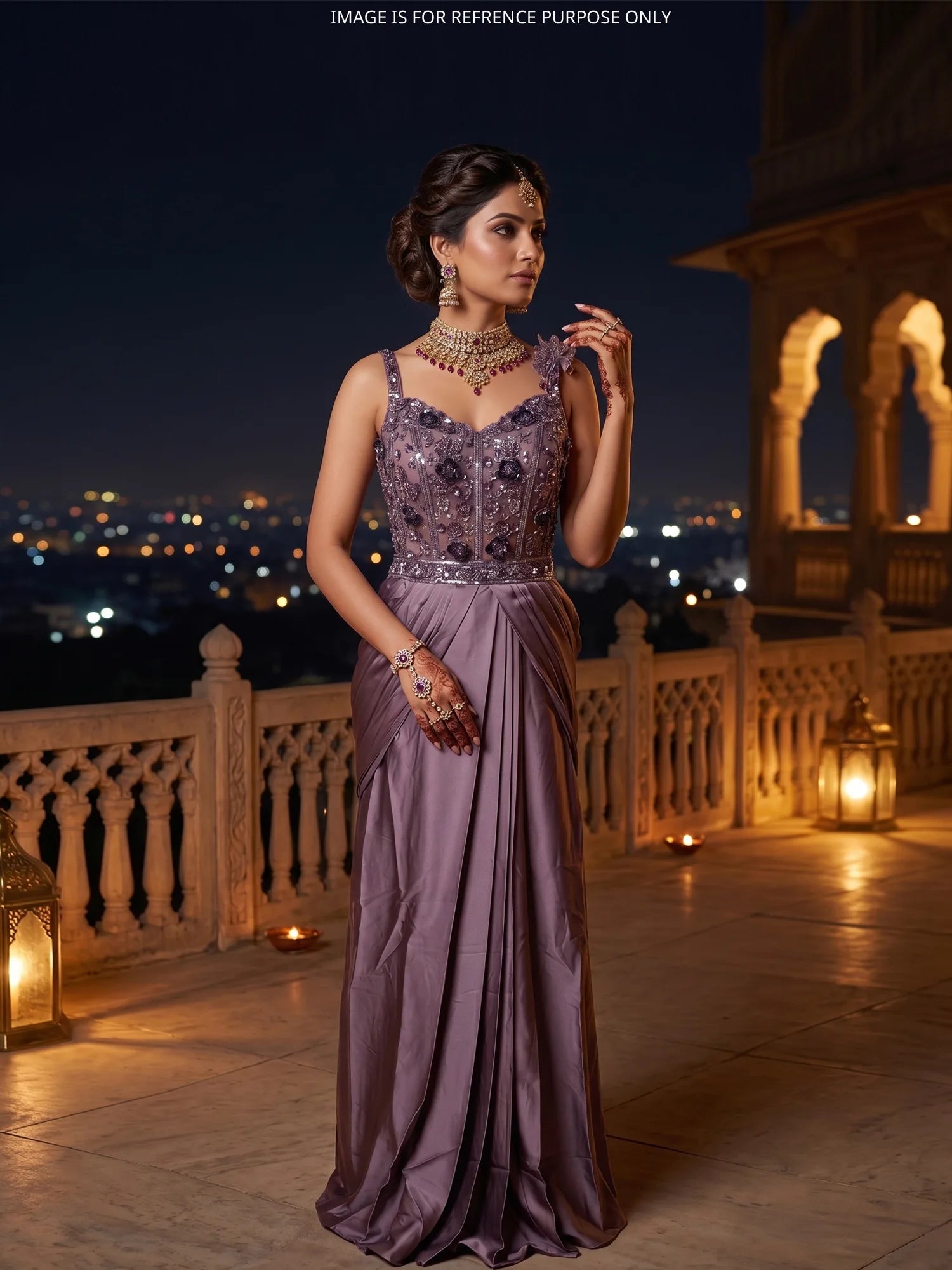Purple Satin Silk Long Indo Western Saree Highlighted By Sequin Moti Work