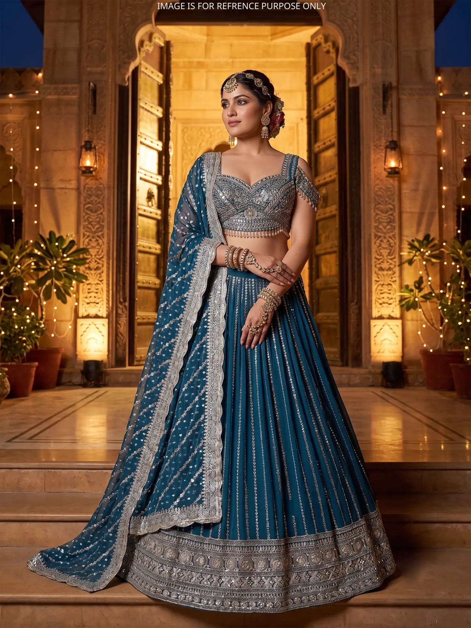Rama Blue Designer Lehenga Detailed In Machine Embroidery