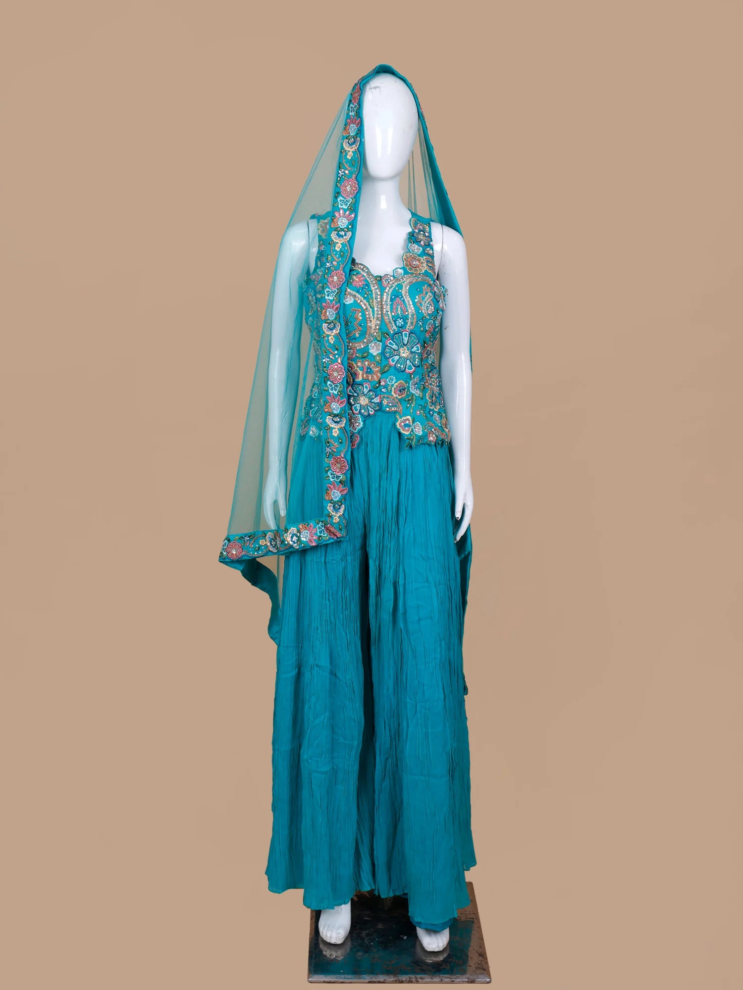 Signature Rama Blue Chinon Indo Western Suit In Sequin Pearl Craft