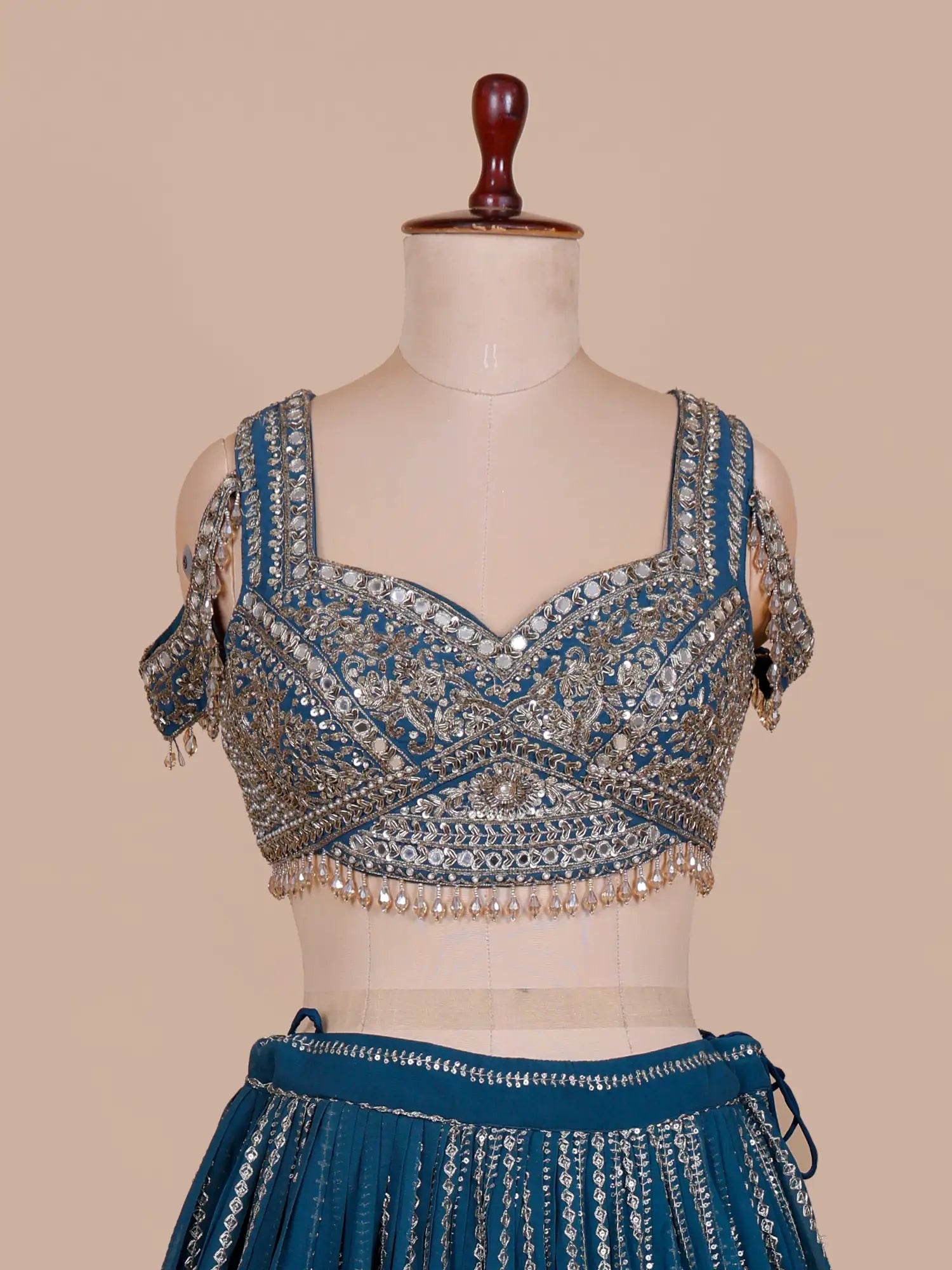 Rama Blue Designer Lehenga Detailed In Machine Embroidery