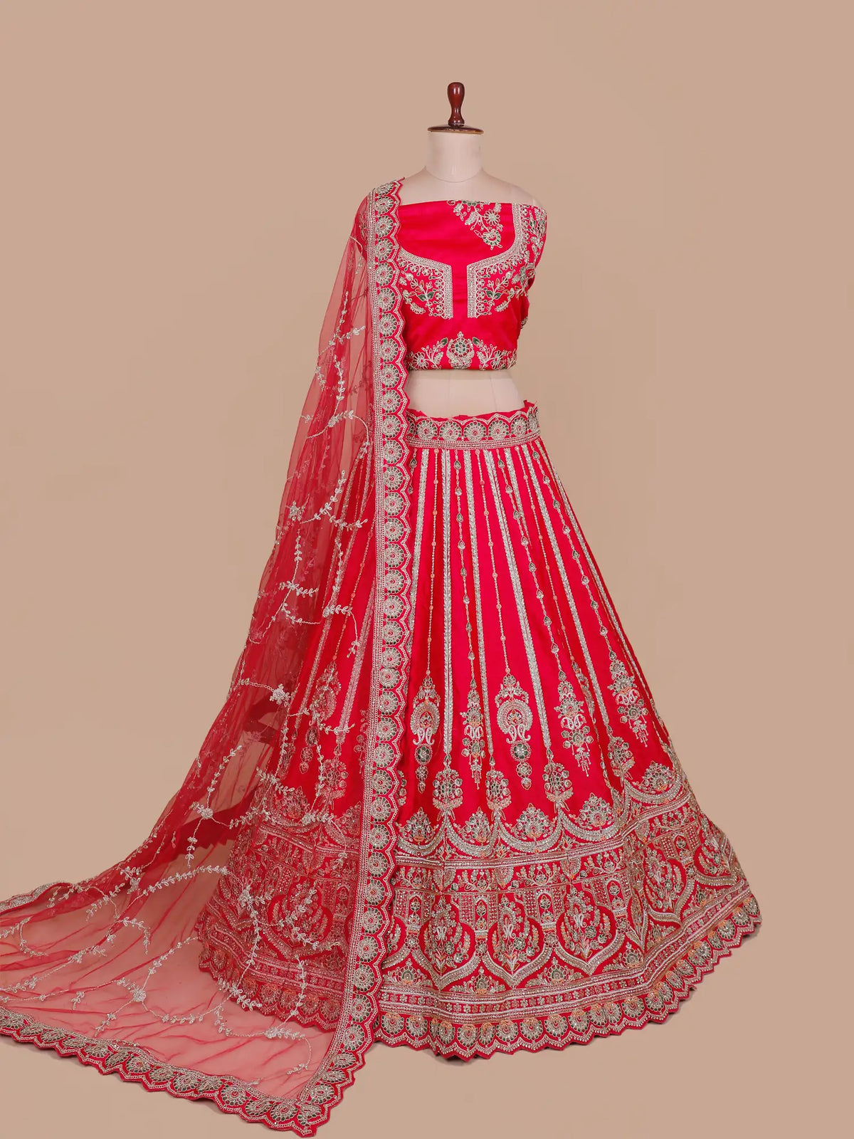 Red Silk Bridal Wedding Lehenga with Artistic Floral Embroidery Pattern