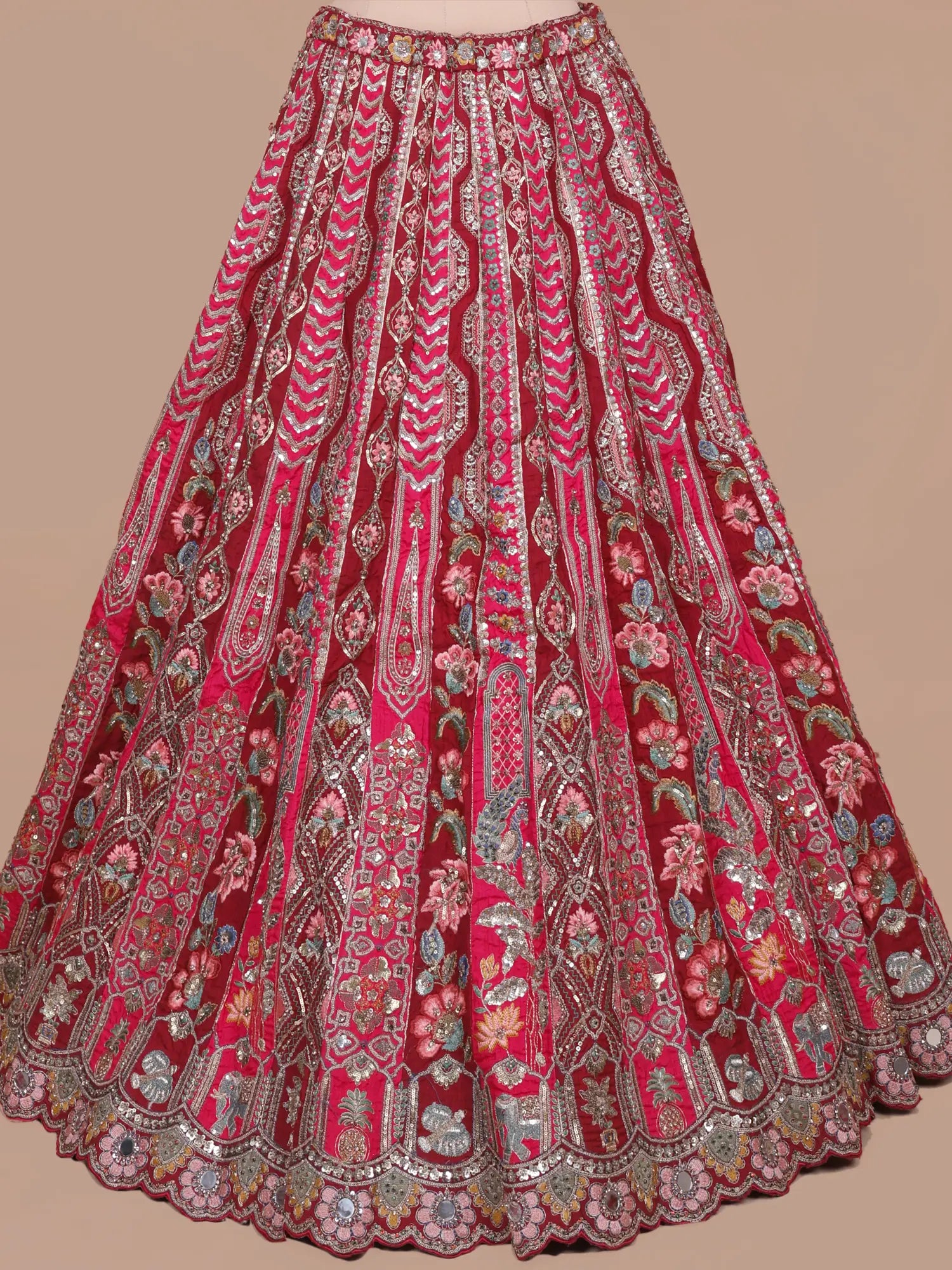 Premium Rani Maroon Silk Bridal Lehenga Inspired By Heritage Mirror Art