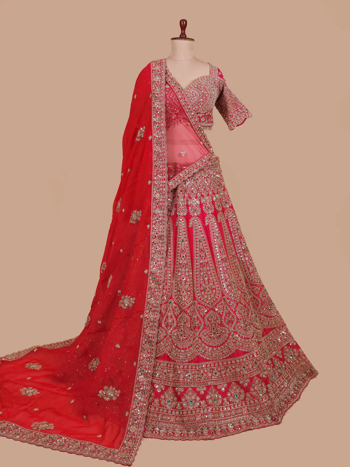 Luxurious Rani Wedding Silk Lehenga with Scalloped Stone Borders