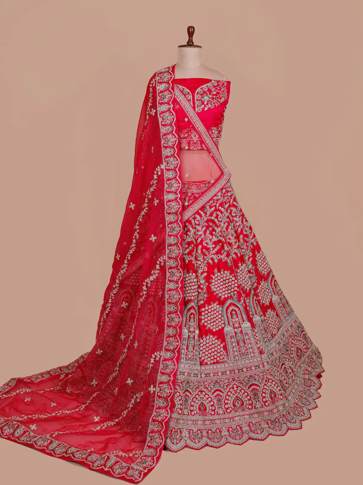 Rani Pink Silk Wedding Couture Lehenga with Palace Arch and Floral Detailing