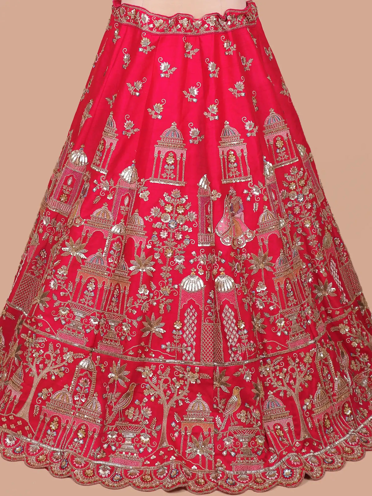 Rani Pink Silk Lehenga Featuring Bride Groom and Royal Palace Embroidery