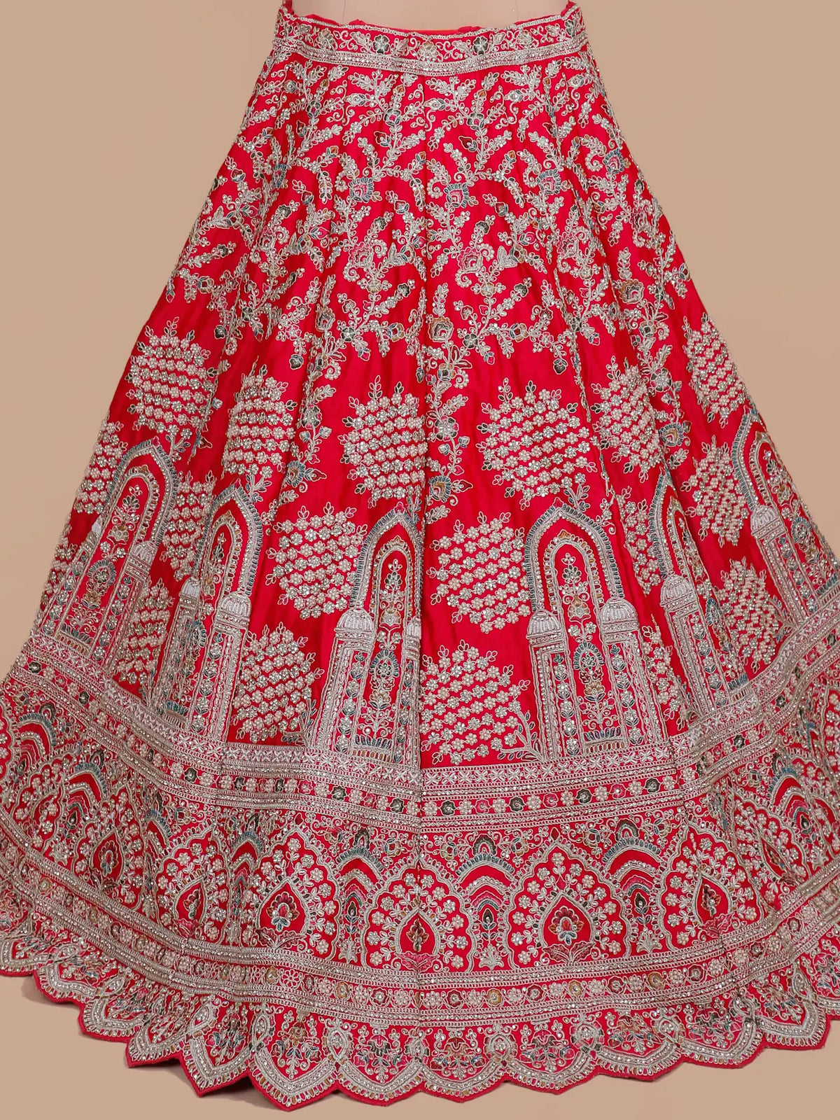 Rani Pink Silk Wedding Couture Lehenga with Palace Arch and Floral Detailing