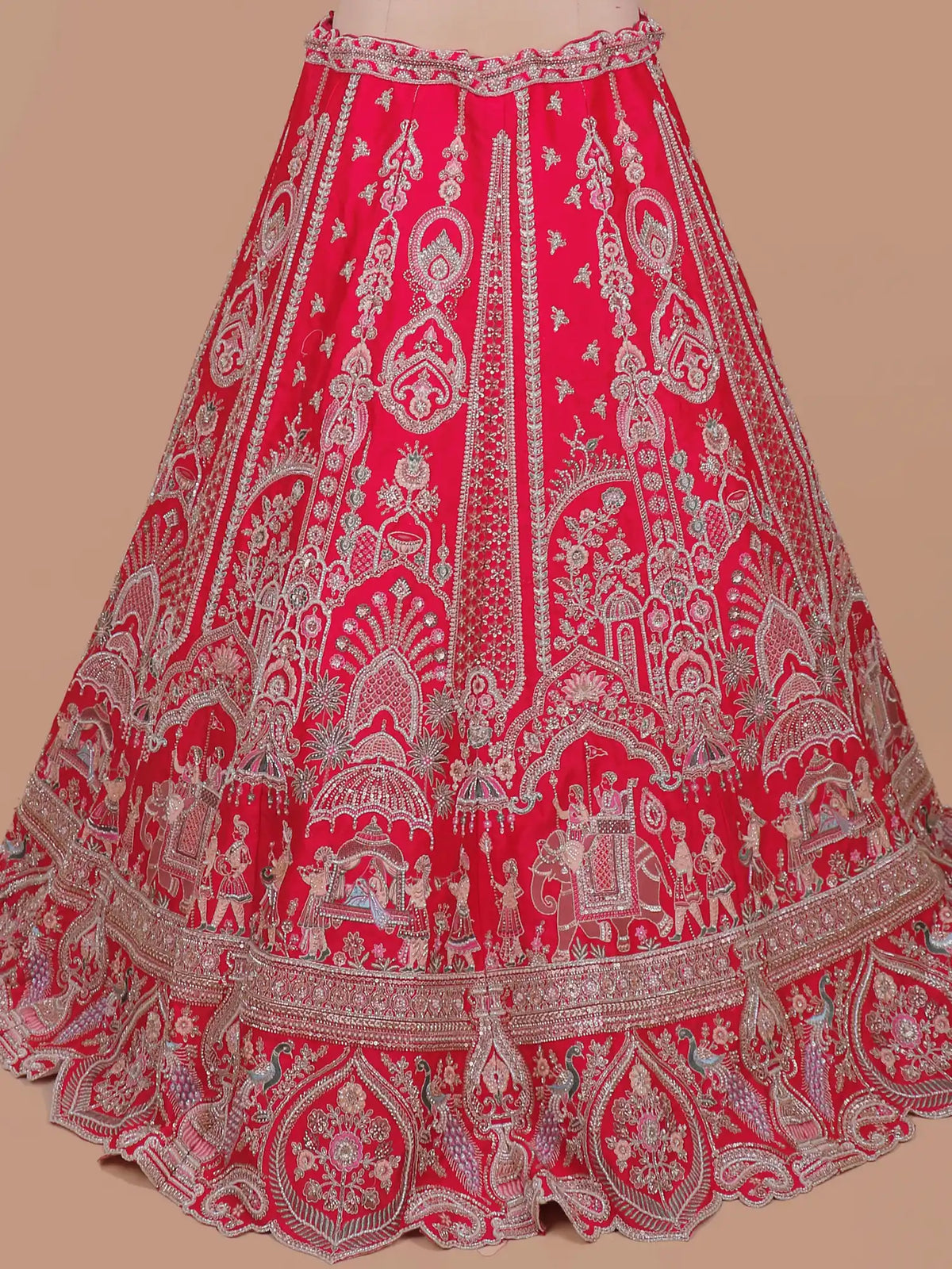 Luxury Rani Red Silk Lehenga with Doli Ceremony and Peacock Embroidery