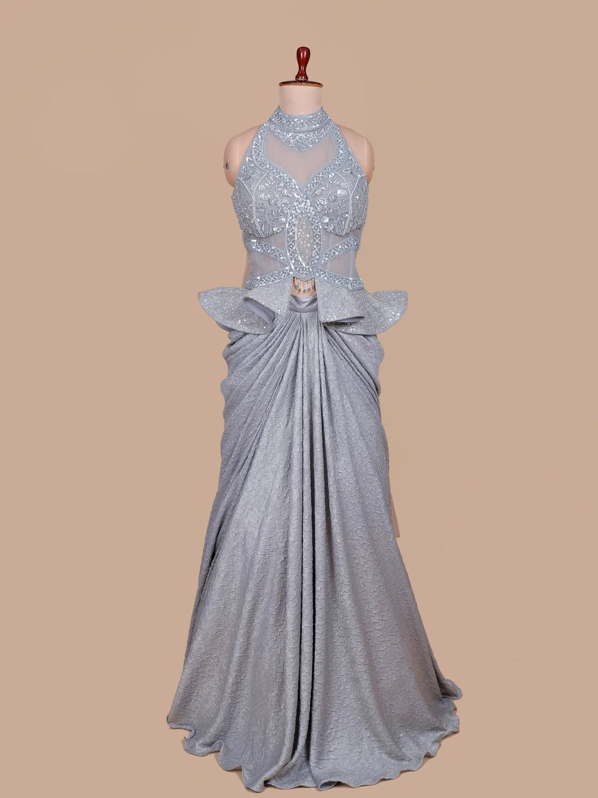 Trending Grey Imported Ready To Wear Saree With Choker Dupatta