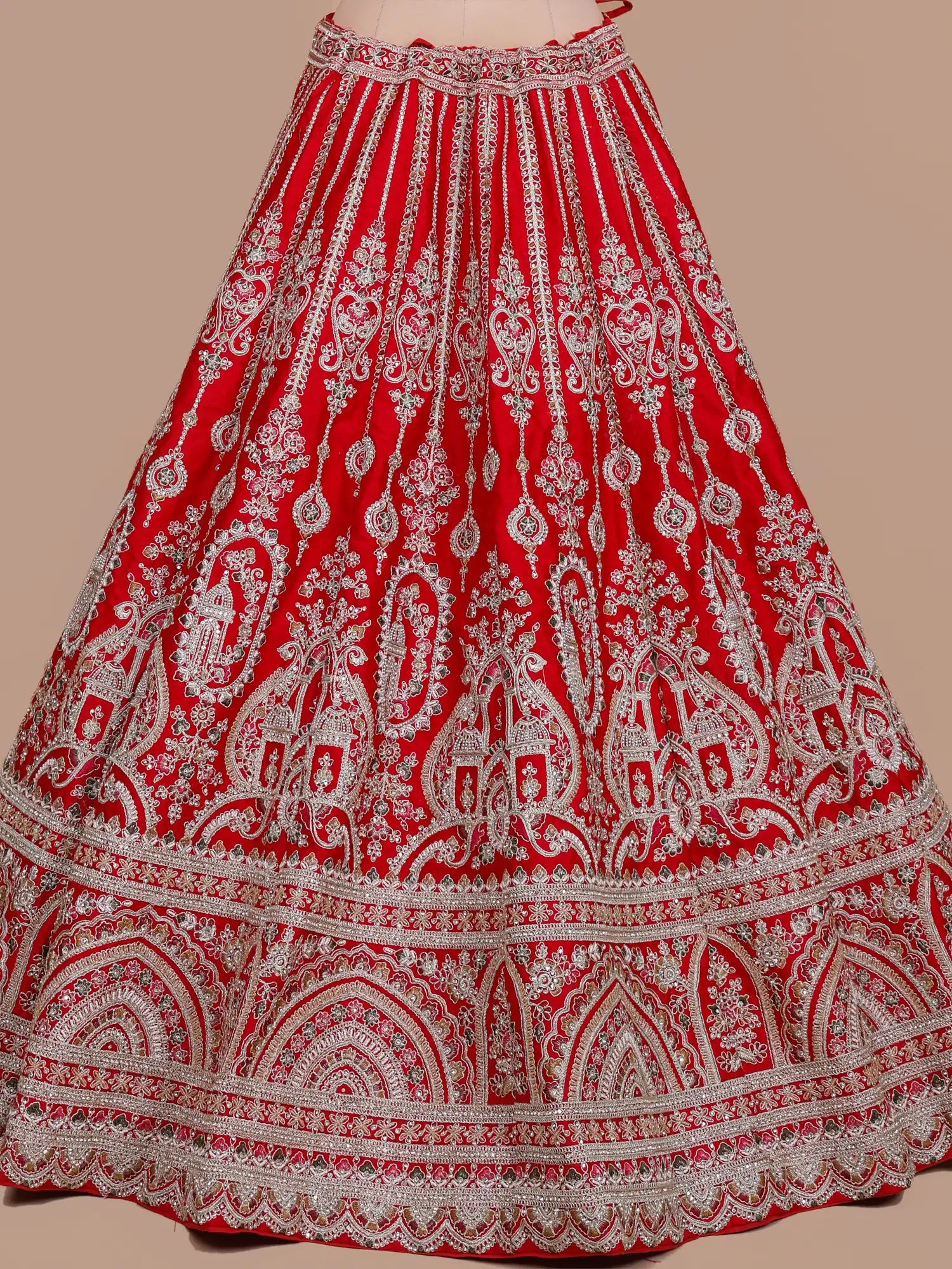 Discover Red Silk Wedding Couture Lehenga Showcasing Traditional Multi Thread Art