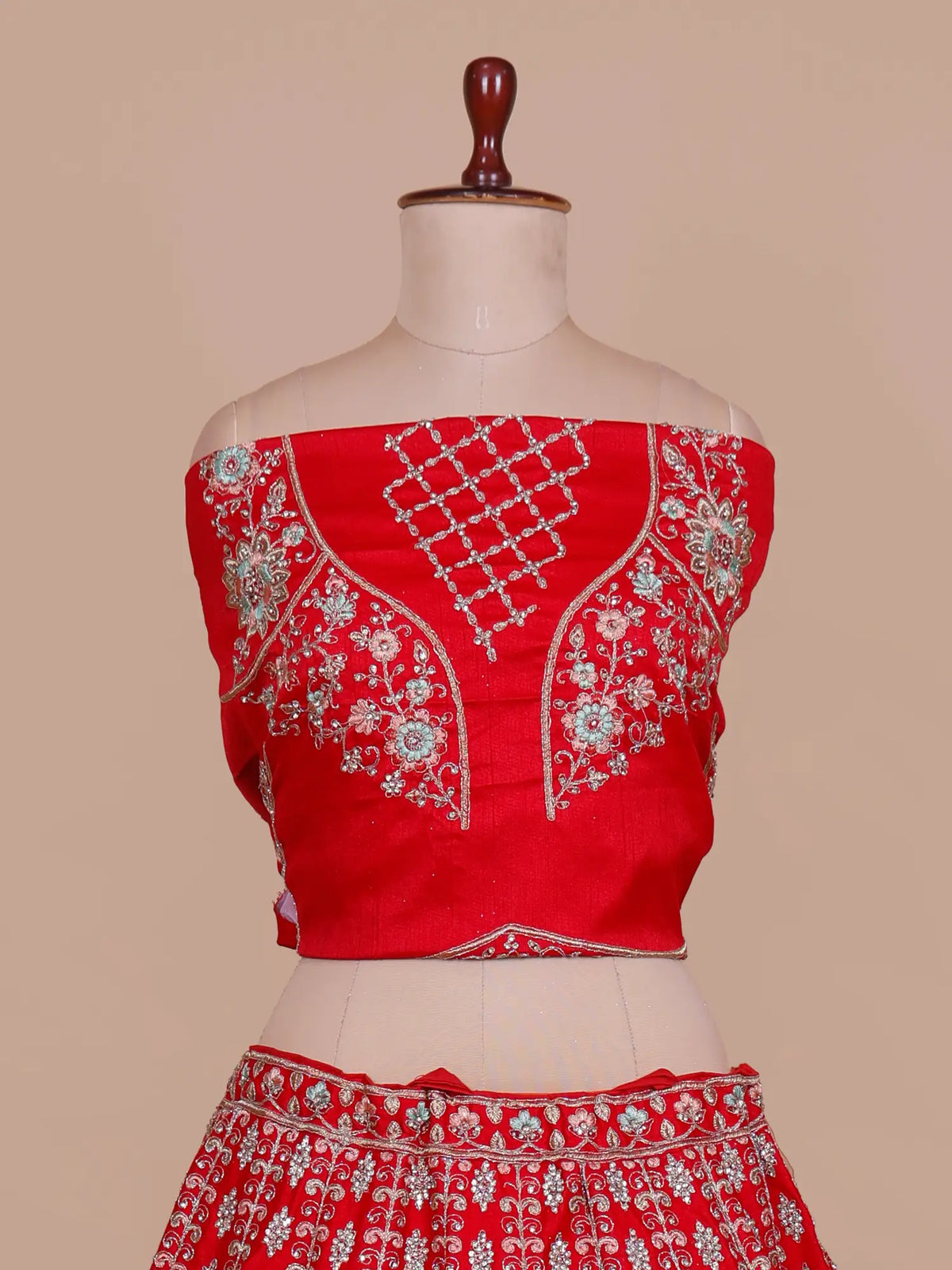 Red Royalty Silk Unstitched Bridal Lehenga Showcasing Tree Embroidery