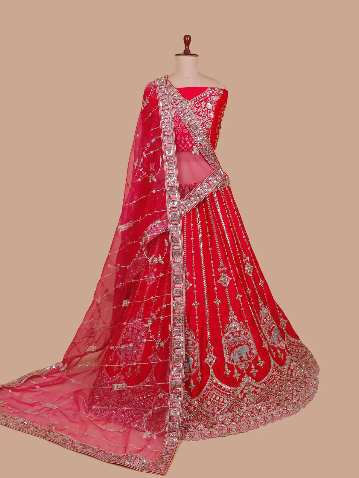 Couture Red Silk Bridal Lehenga Featuring Elephant Jharokha Embroidery
