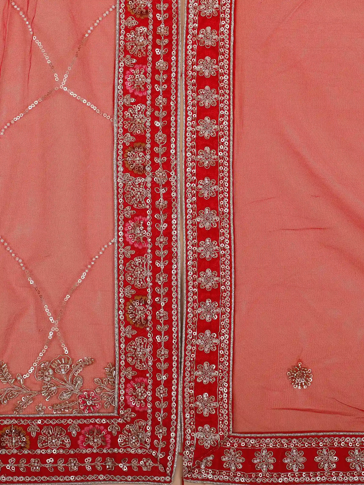 Scarlet Silk Lehenga Showcasing Royal Architecture and Bird Motifs