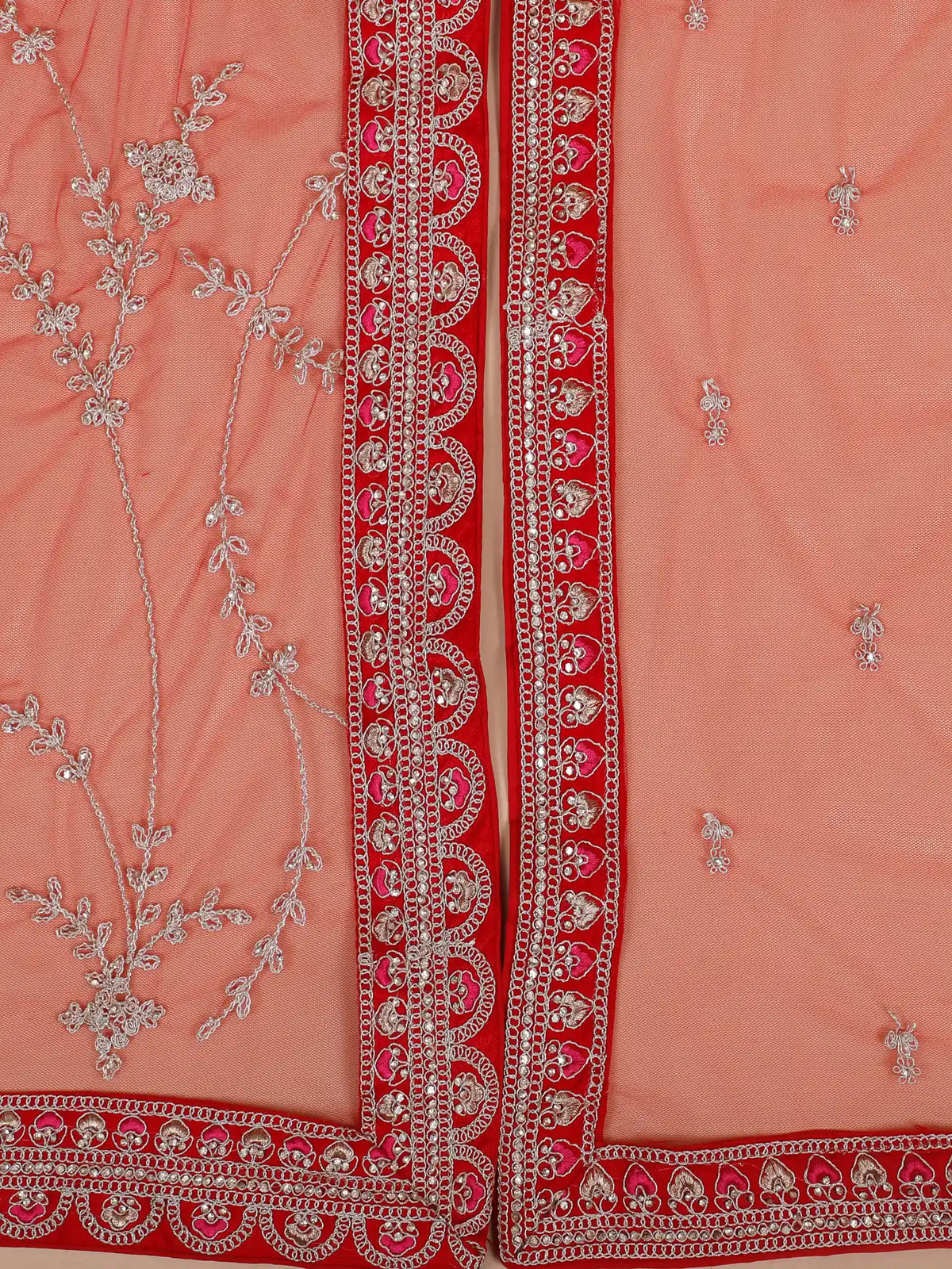 Red Silk Unstitched Bridal Lehenga With Bird Figure Detailing