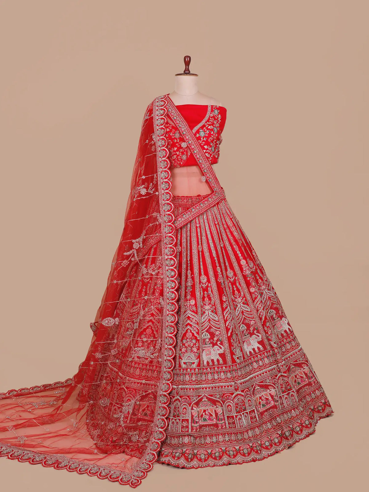 Red Silk Couture Bridal Lehenga with Doli Scenes and Elephant Detailing