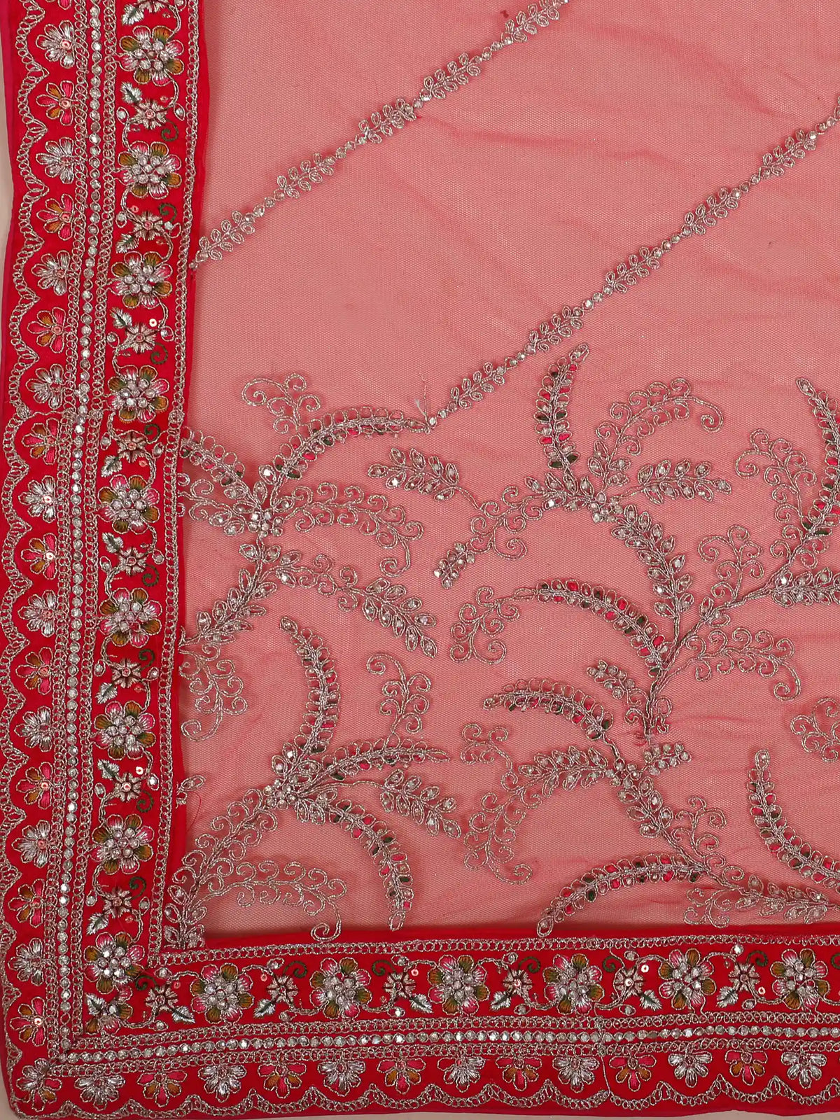 Red Silk Bridal Lehenga Choli with Intricate Silver Floral Embroidery