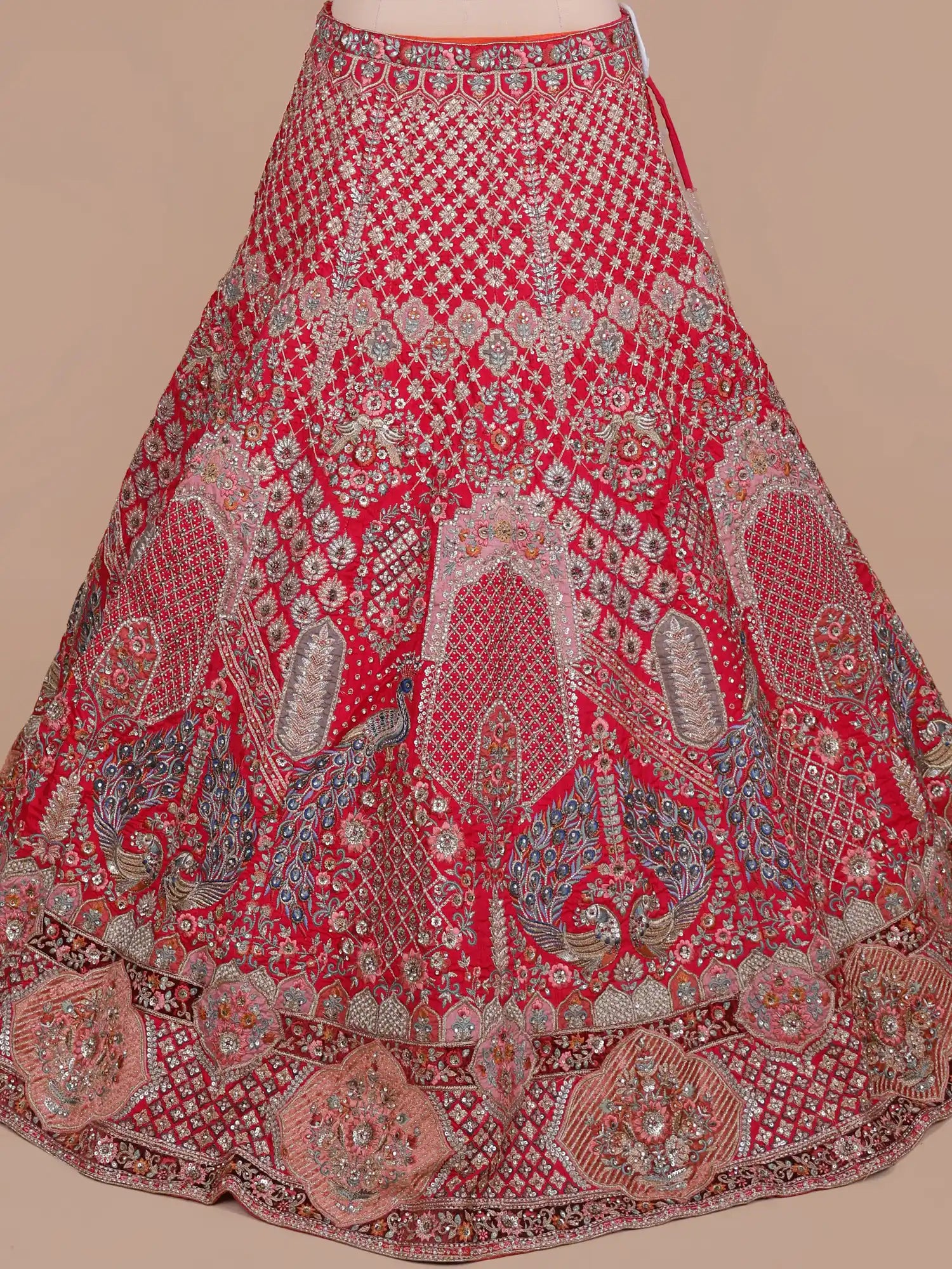 Bridal Peacock Art Red Silk Lehenga With Sequin Dori Embroidery