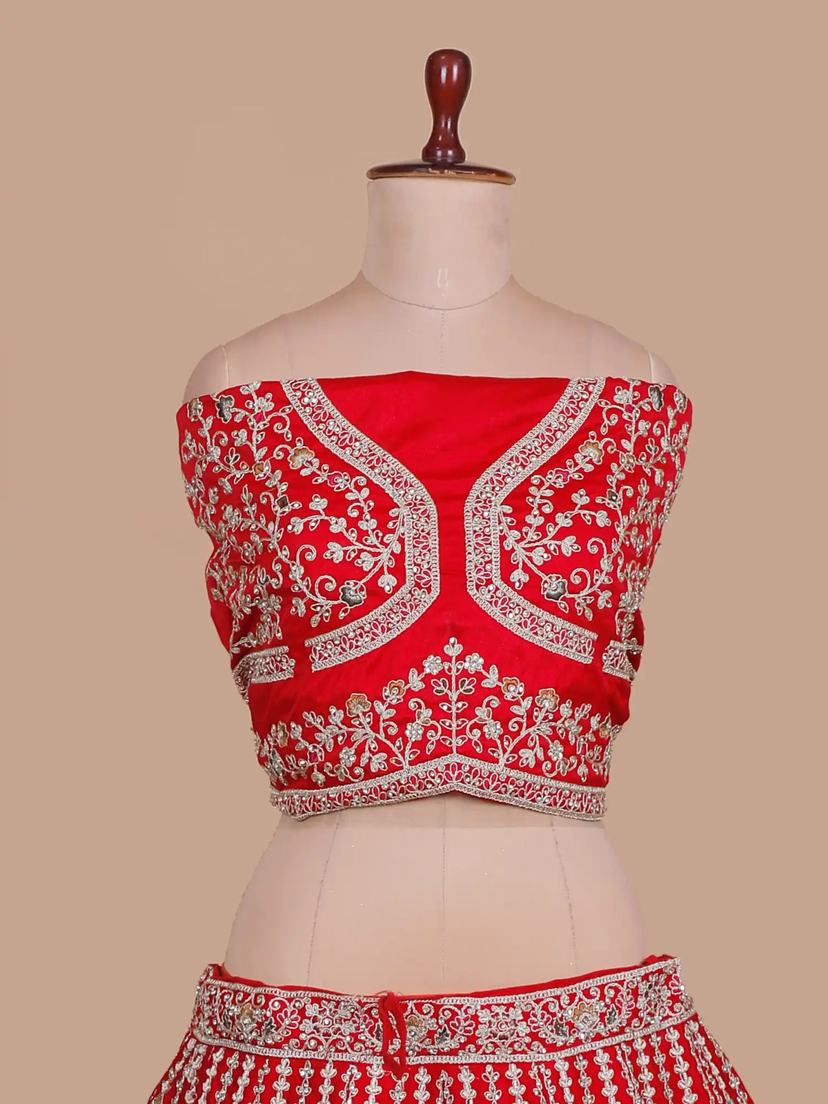 Red Silk Couture Lehenga with Domed Motifs and Intricate Silver Embroidery