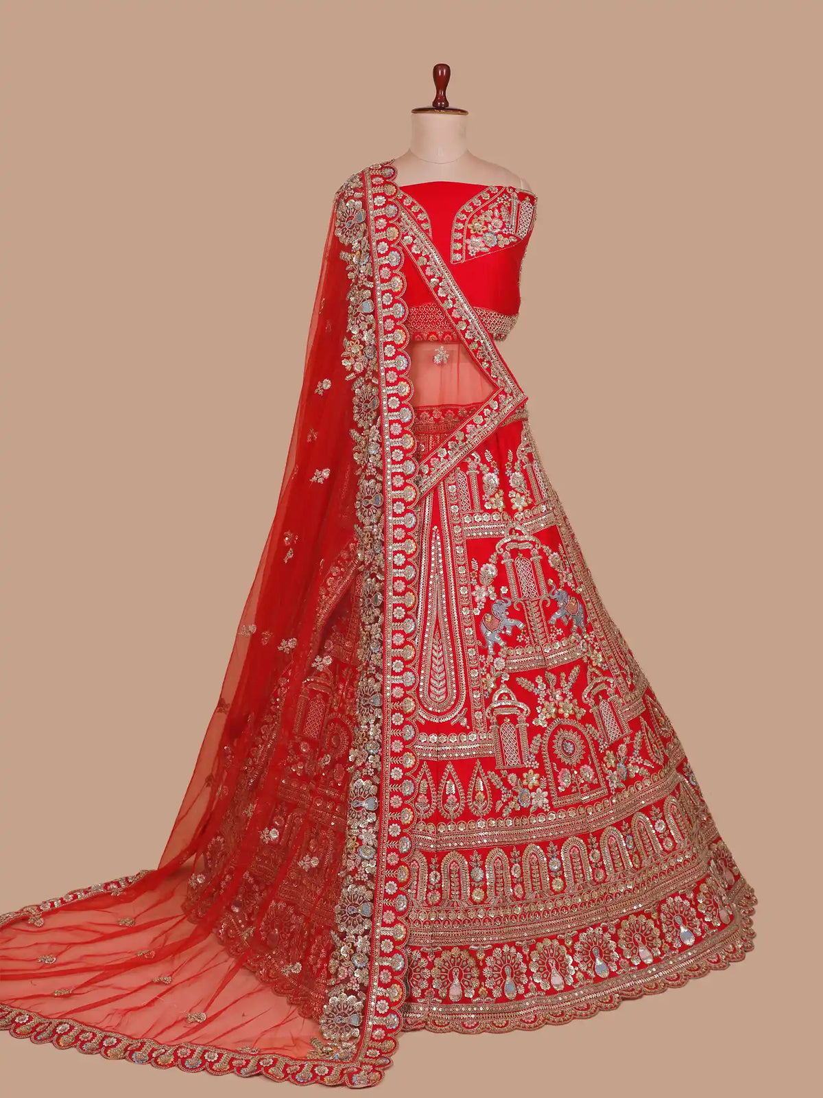 Red Bridal Designer Lehenga Featuring Multicolour Embroidery and Beadwork