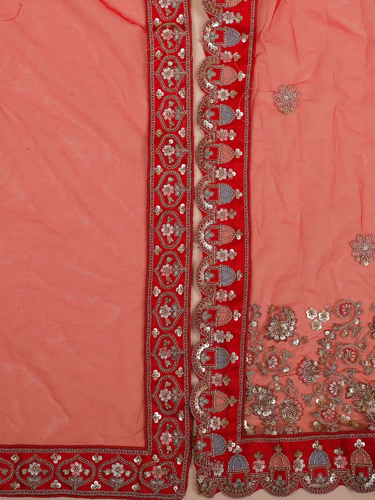 Architectural Red Bridal Lehenga Featuring Peacock Accents and  Floral Embroidery