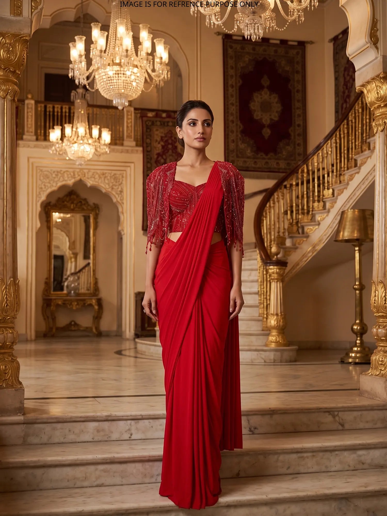 Red Designer Lycra Pre-Drape Saree With Unique Shrug And Cut Dana Details