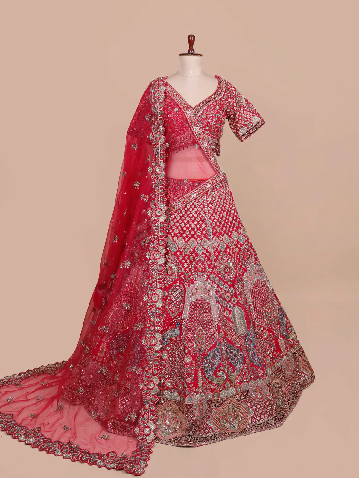 Bridal Peacock Art Red Silk Lehenga With Sequin Dori Embroidery
