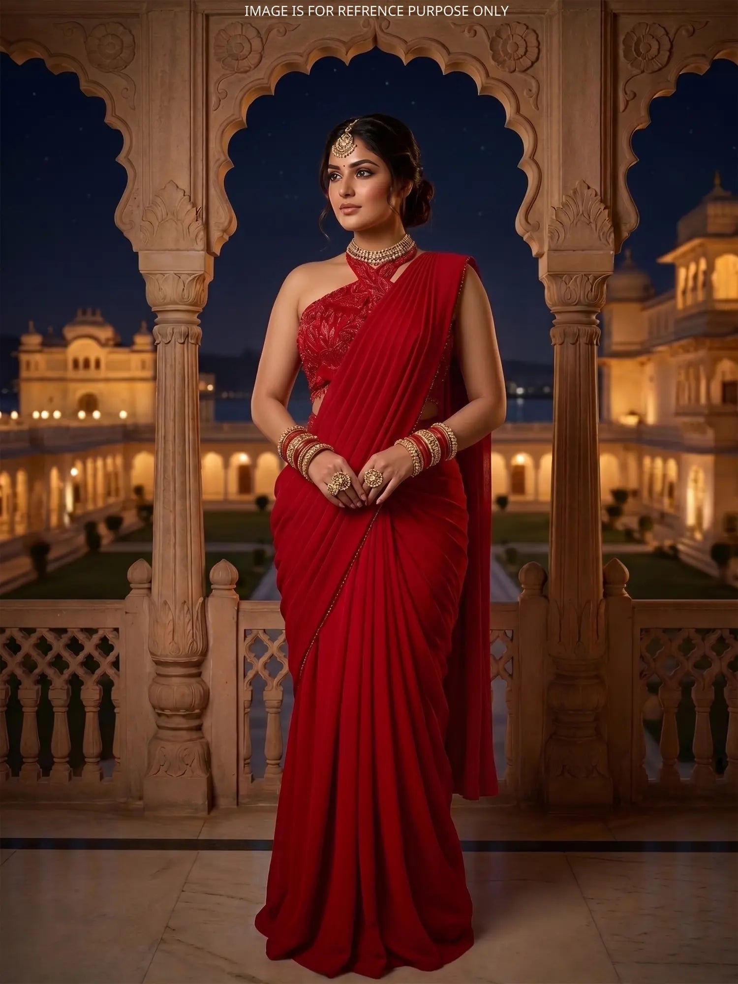 Red Party Wear Georgette Saree Cut Dana Sequins Design