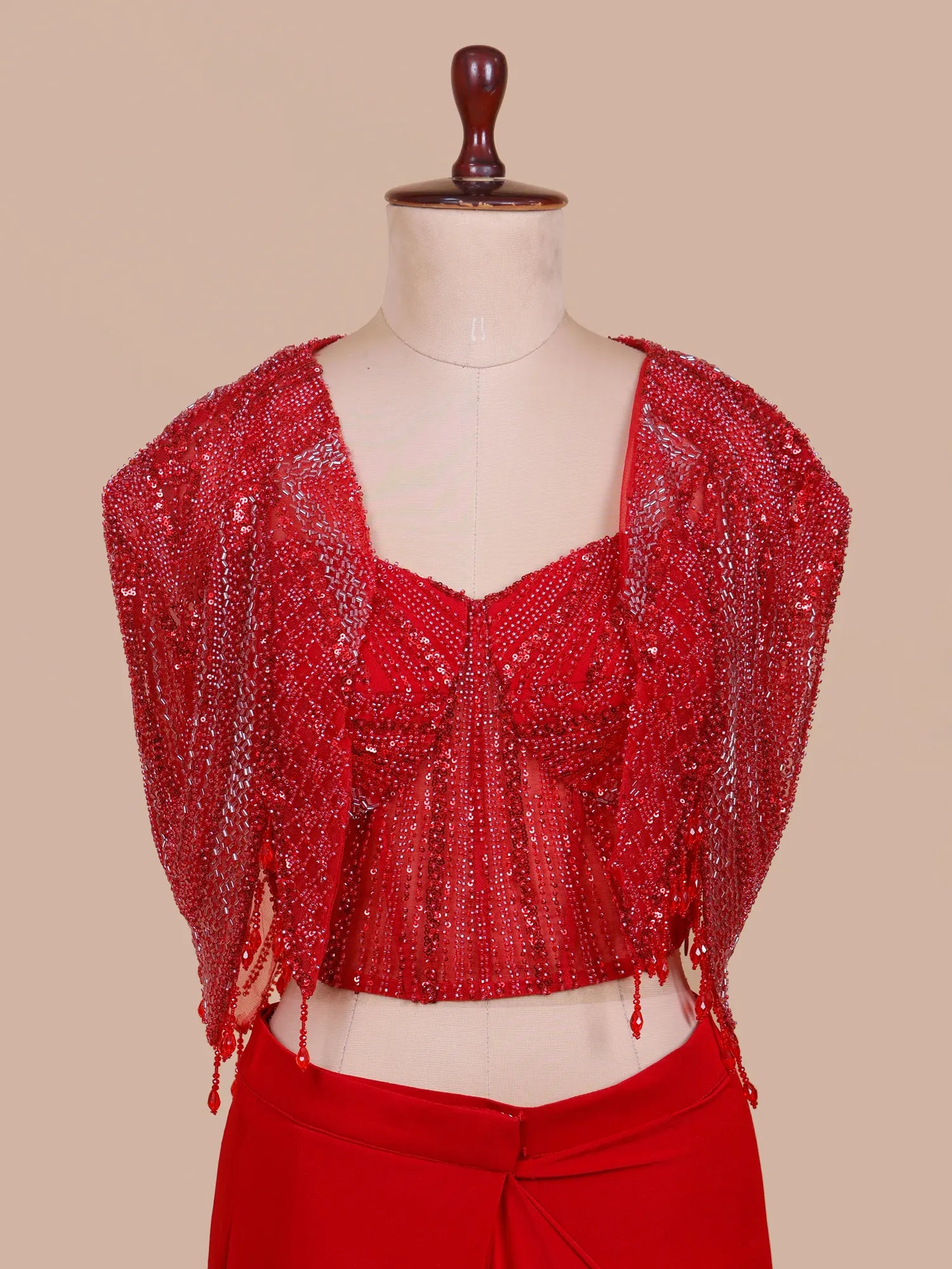 Red Designer Lycra Pre-Drape Saree With Unique Shrug And Cut Dana Details