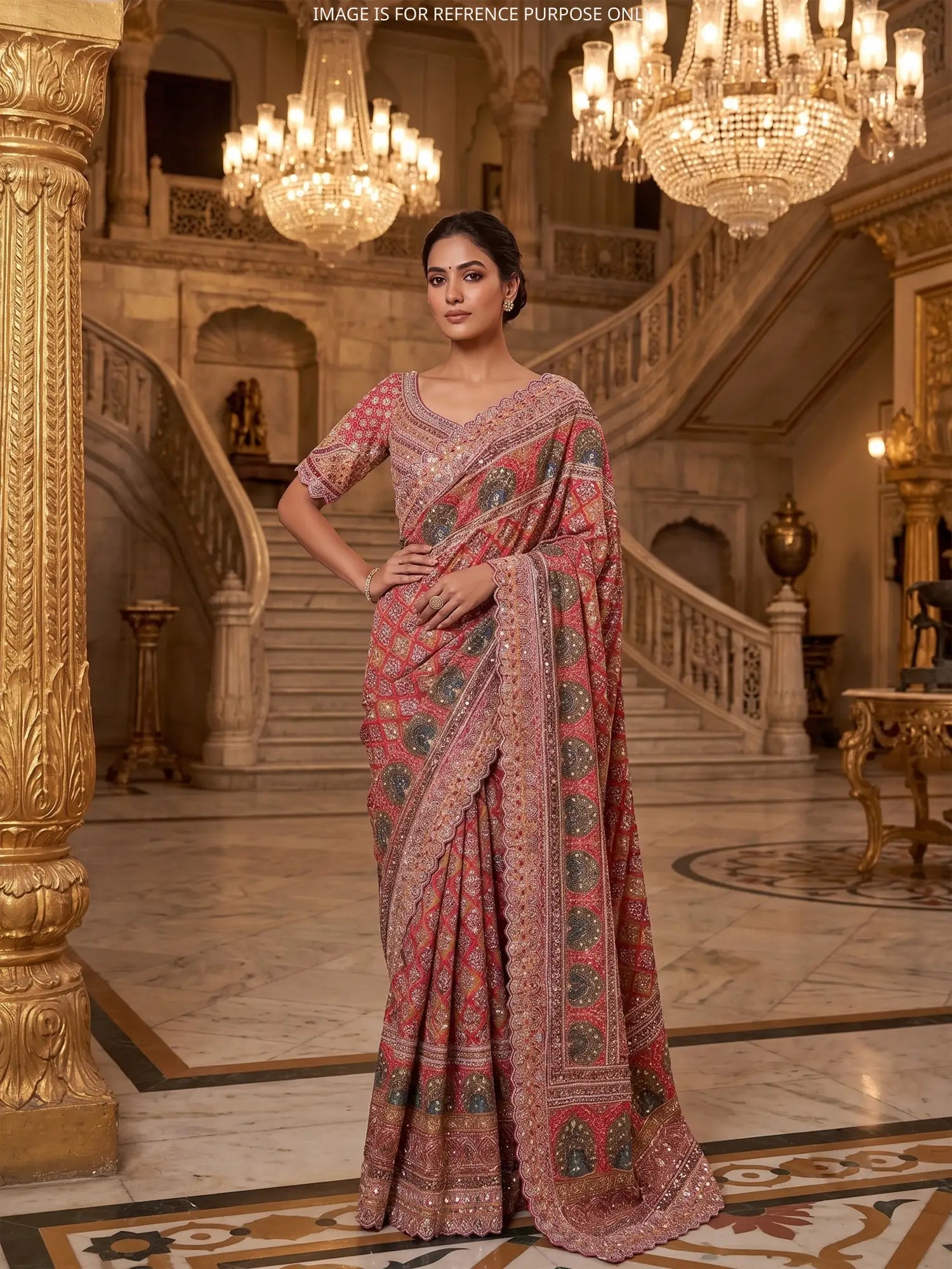Red Printed Silk Saree Accented By Aari Dori Embroidery