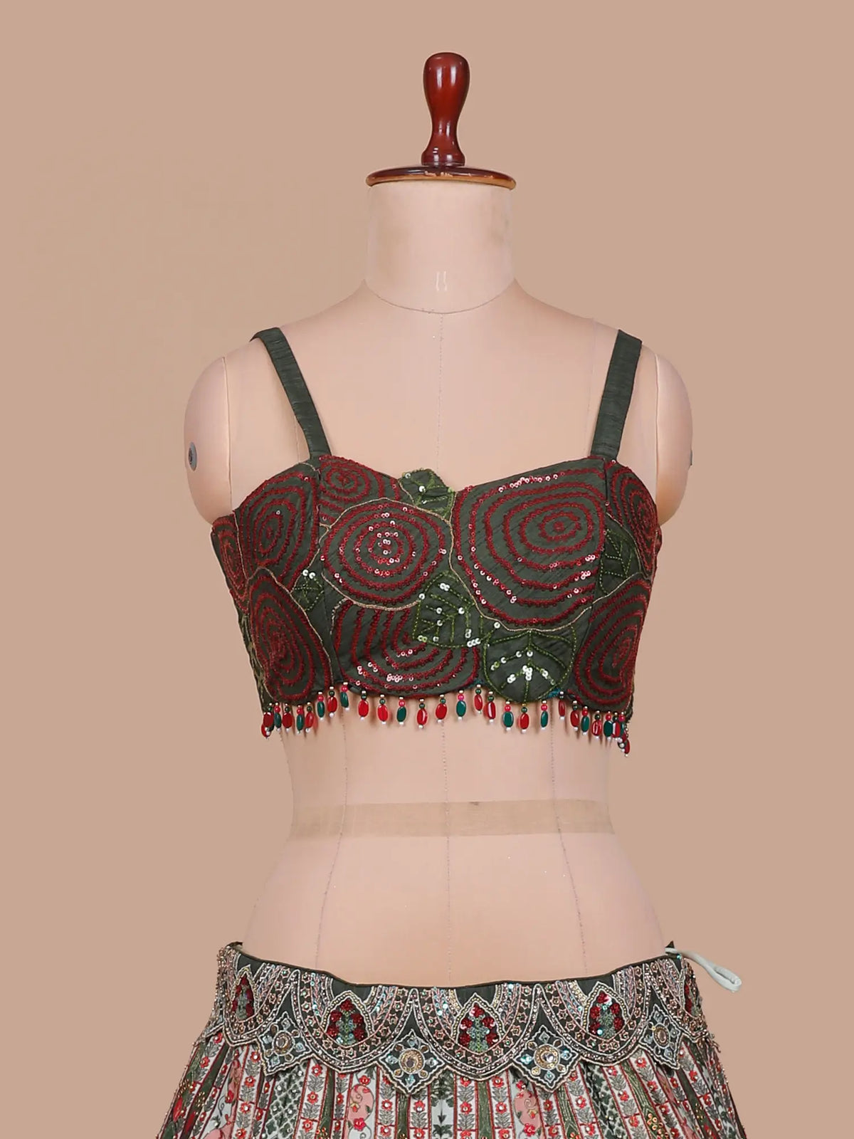 Exclusive Multicolor Silk Lehenga with Red Rose Print and Beaded Jacket