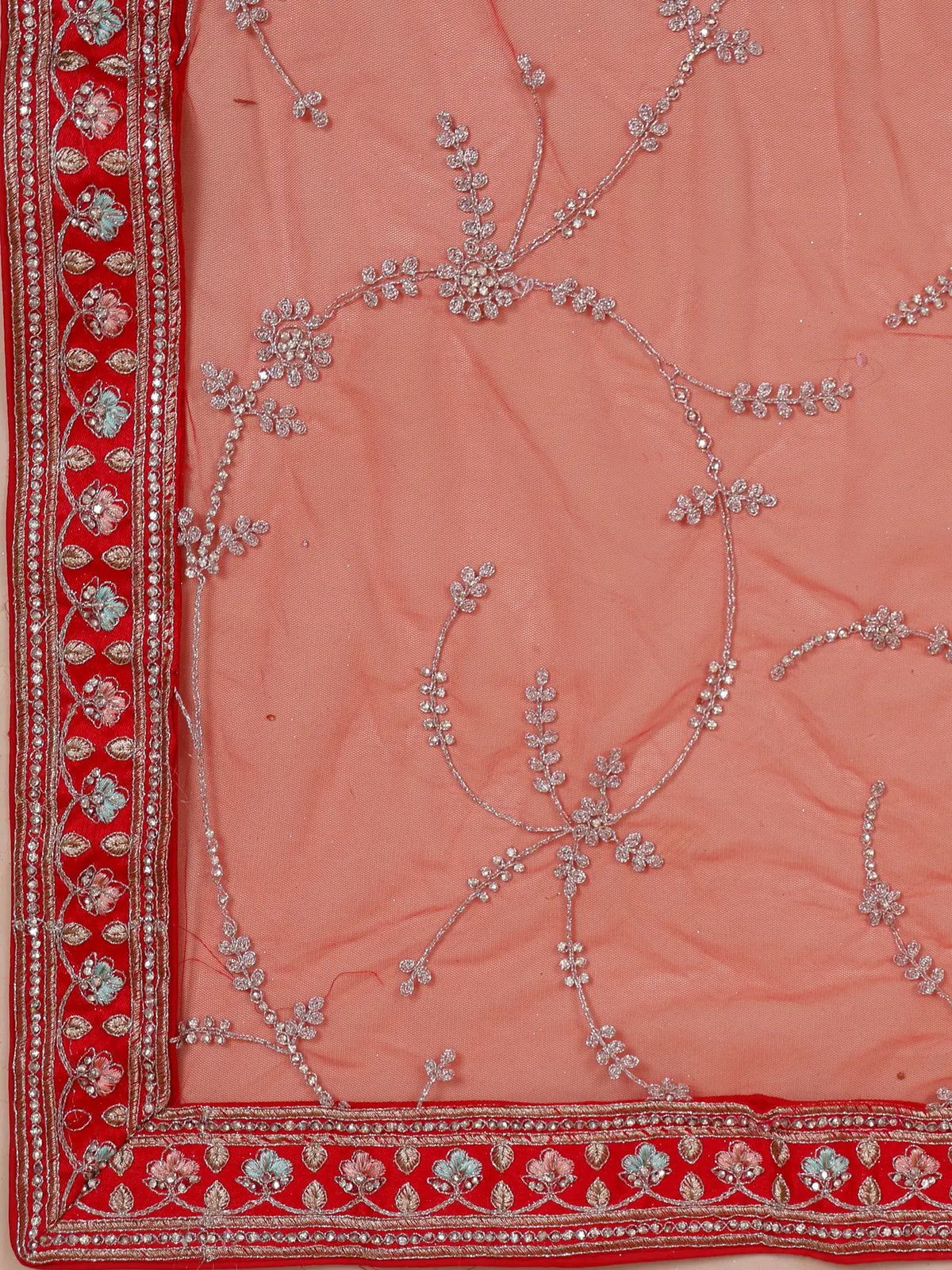 Red Royalty Silk Unstitched Bridal Lehenga Showcasing Tree Embroidery