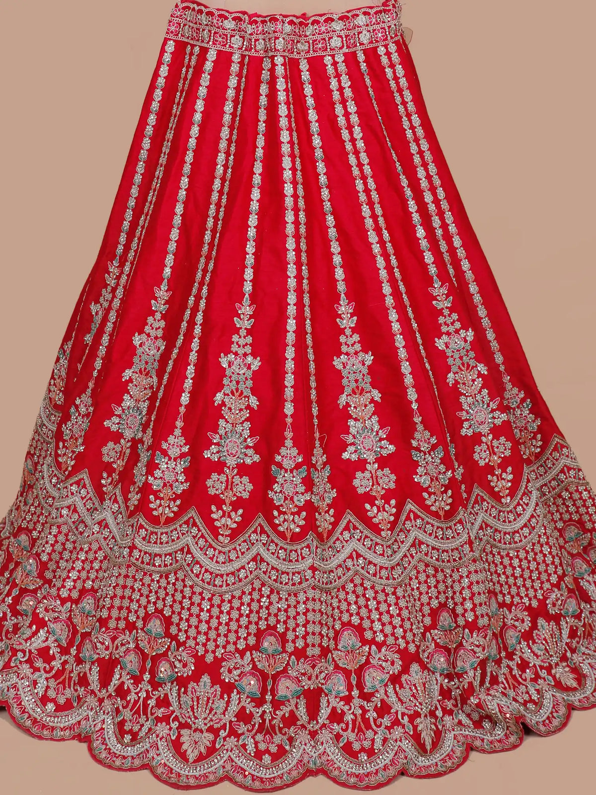 Heritage Red Silk Bridal Lehenga with Traditional Moti Thread Art