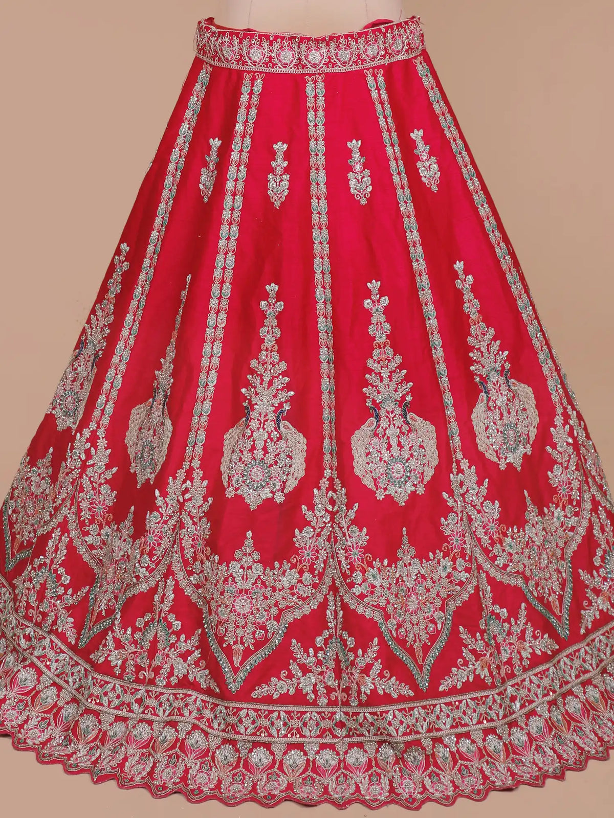Shop Regal Red Silk Bridal Wedding Lehenga Choli Showcasing Peacock Embroidery