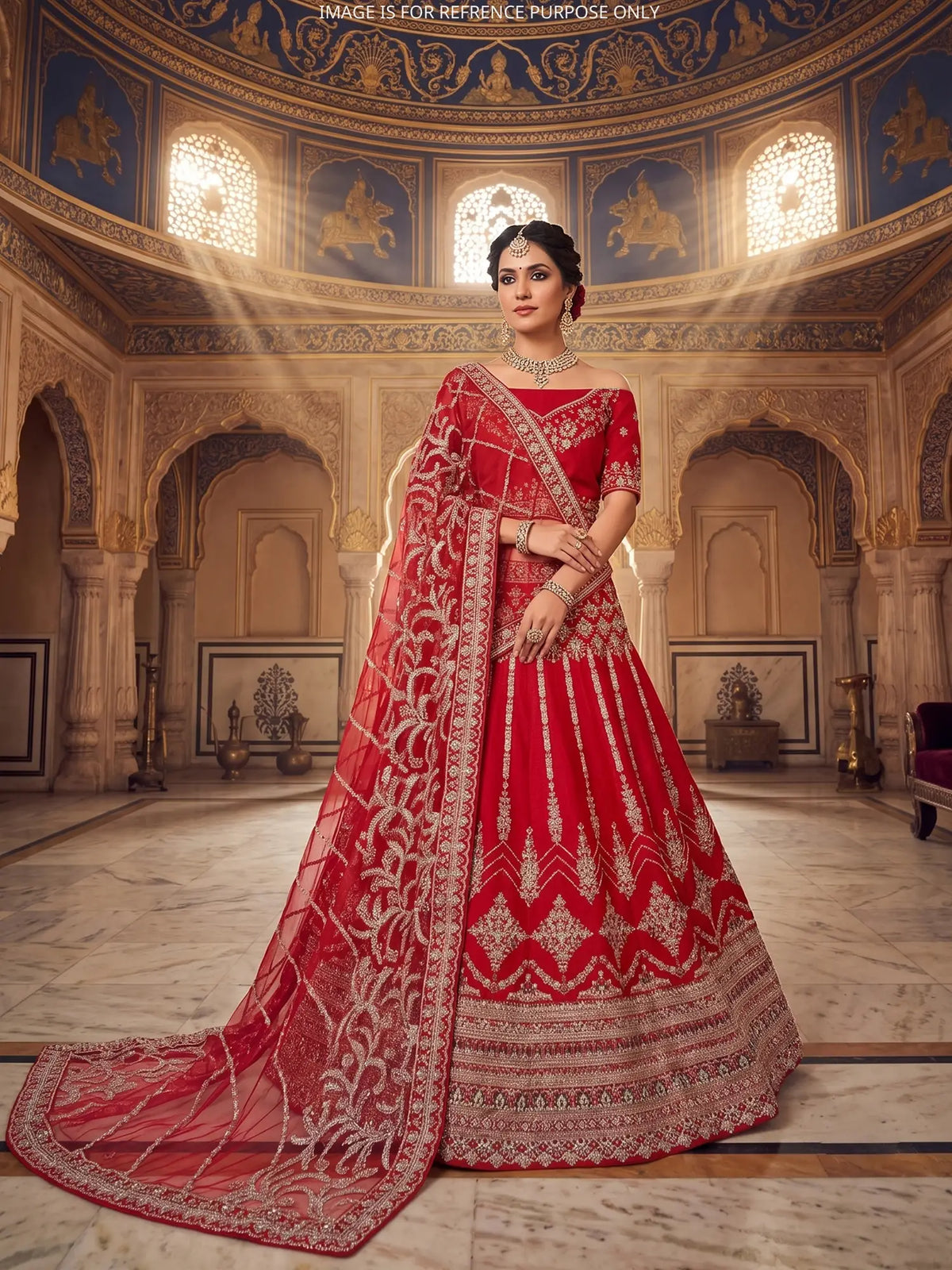Red Silk Bridal Lehenga Choli with Intricate Silver Floral Embroidery