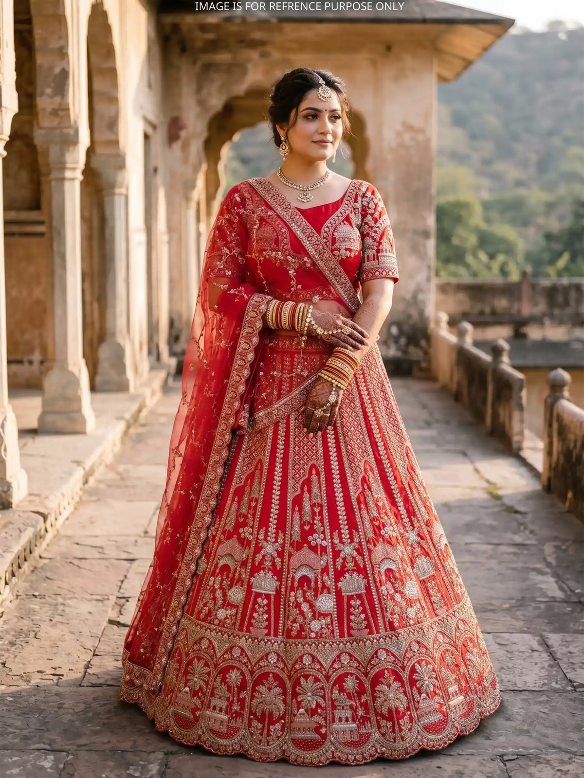 Red Silk Bridal Lehenga Featuring Architectural Zari and Threadwork