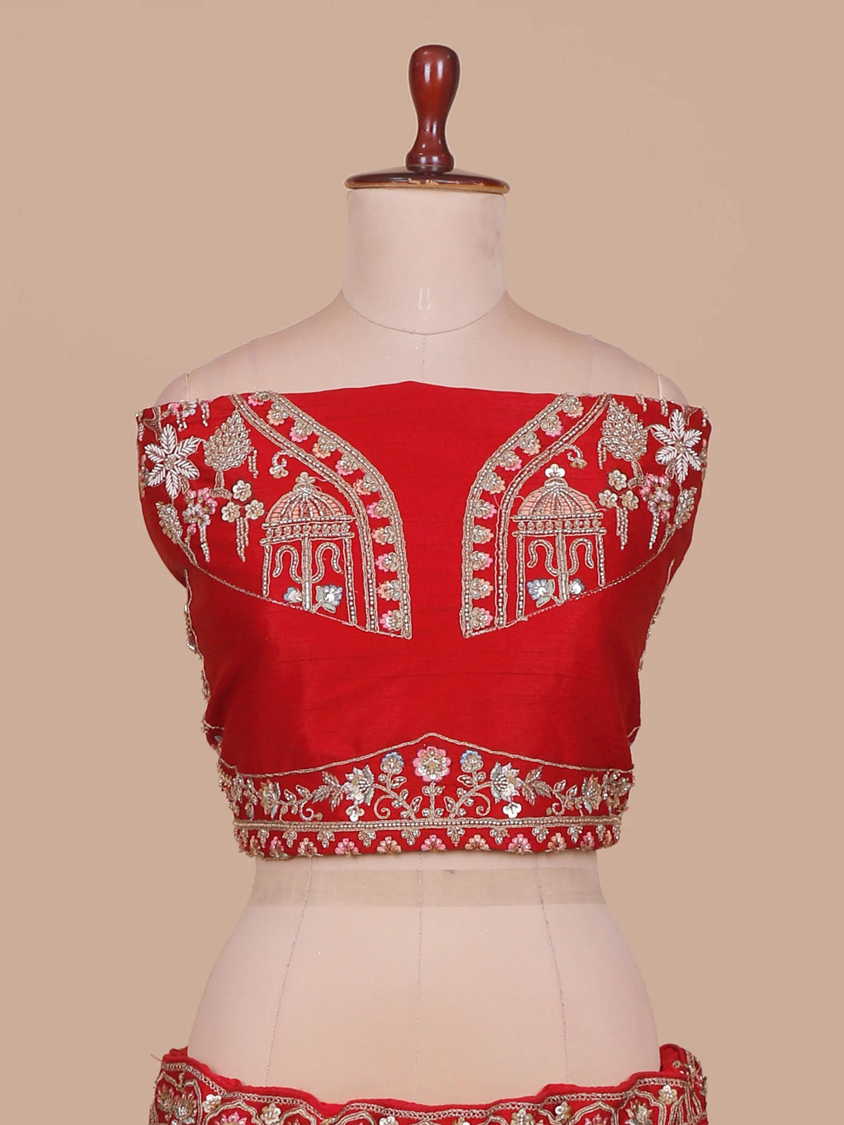 Luxury Custom Red Silk Bridal Lehenga with Palace Wedding Scene Embroidery