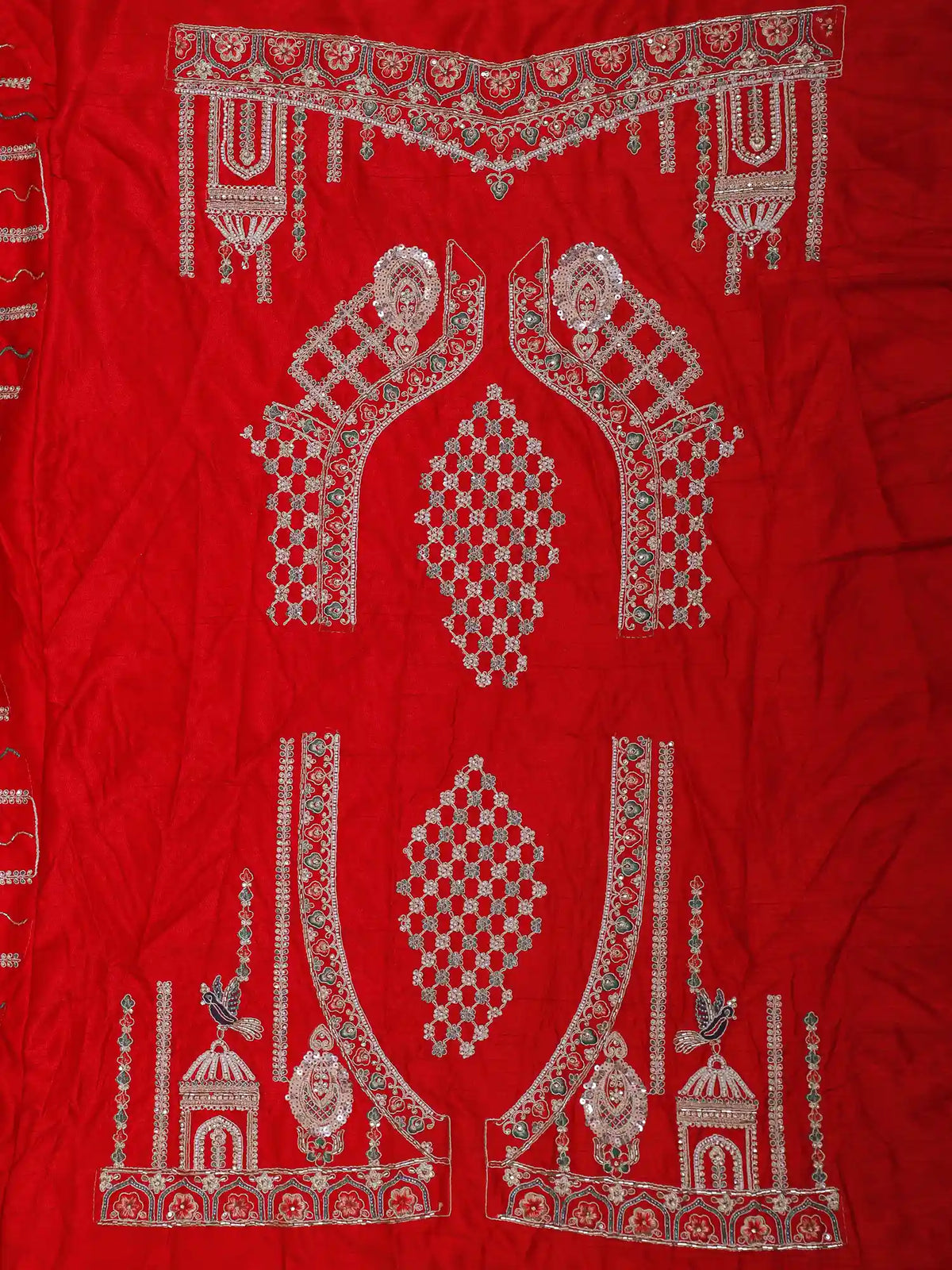 Classic Red Silk Wedding Lehenga Showcasing Royal Animal Scenes  and Palace Embroidery