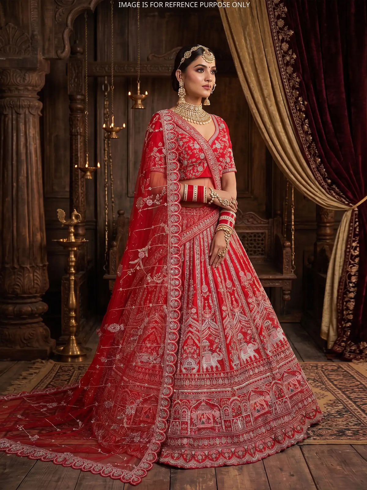 Red Silk Couture Bridal Lehenga with Doli Scenes and Elephant Detailing