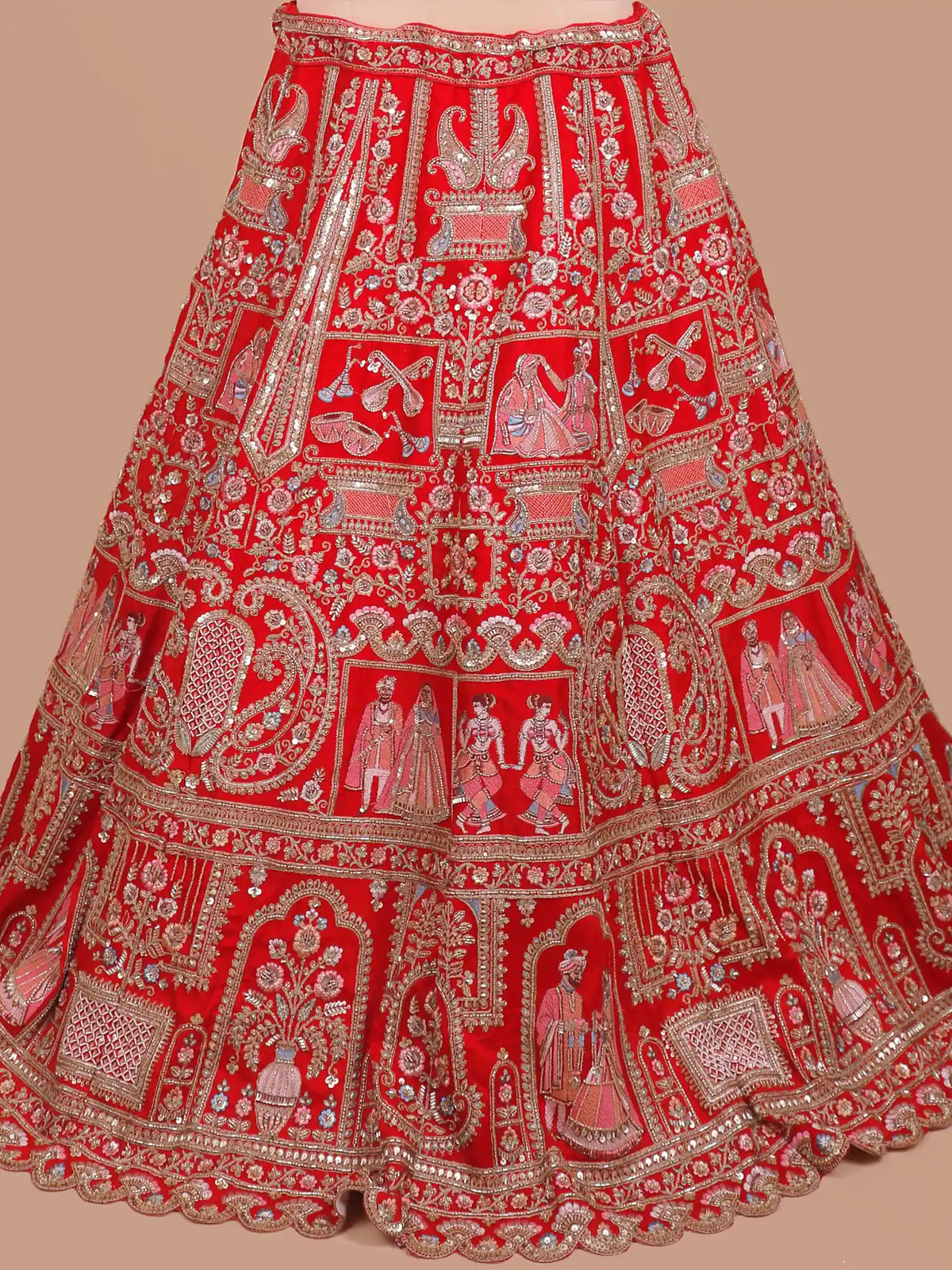 Vivah Prasang Red Silk Bridal Lehenga with Wedding Rituals and  Dancing Figures