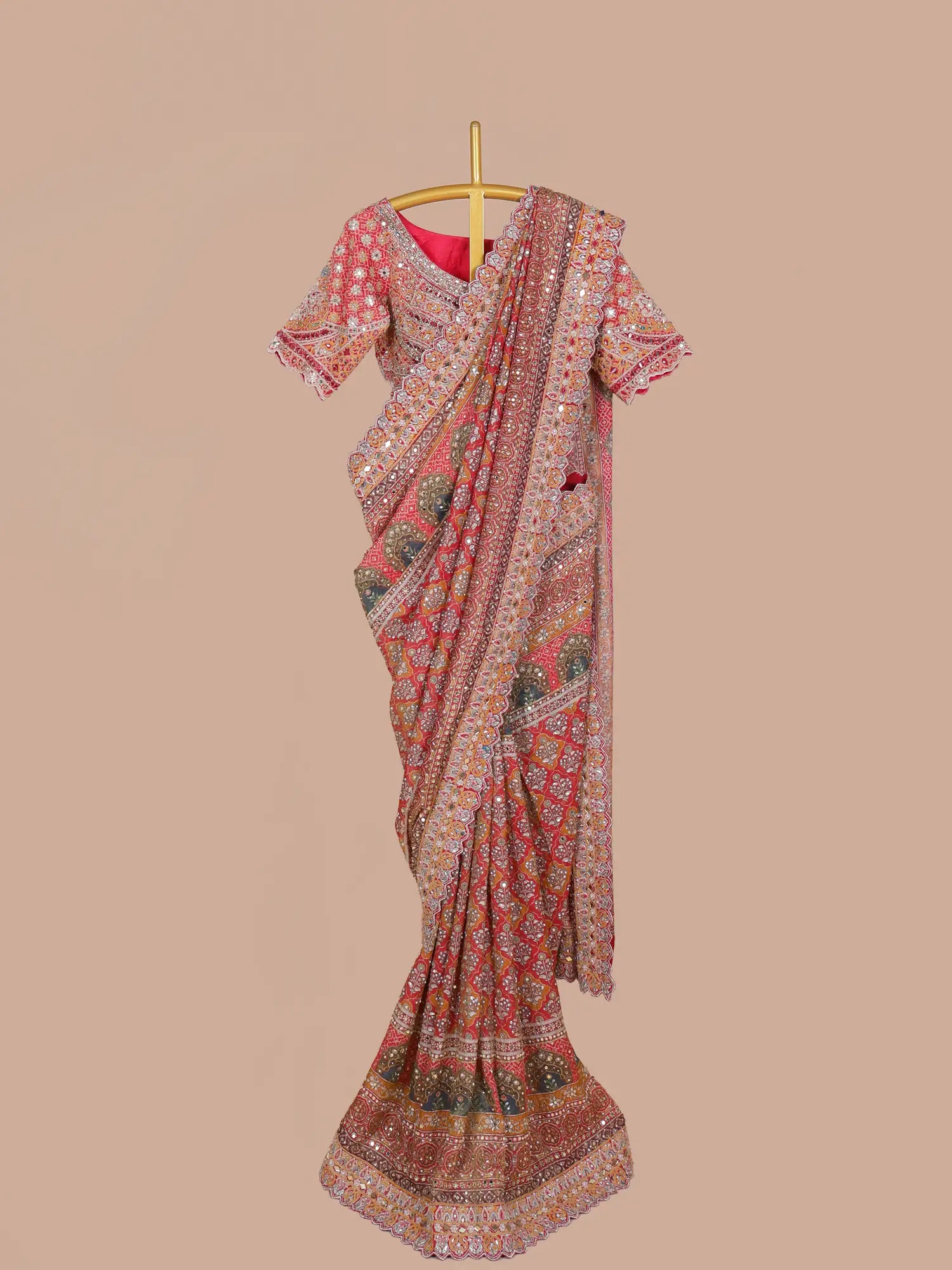 Red Printed Silk Saree Accented By Aari Dori Embroidery
