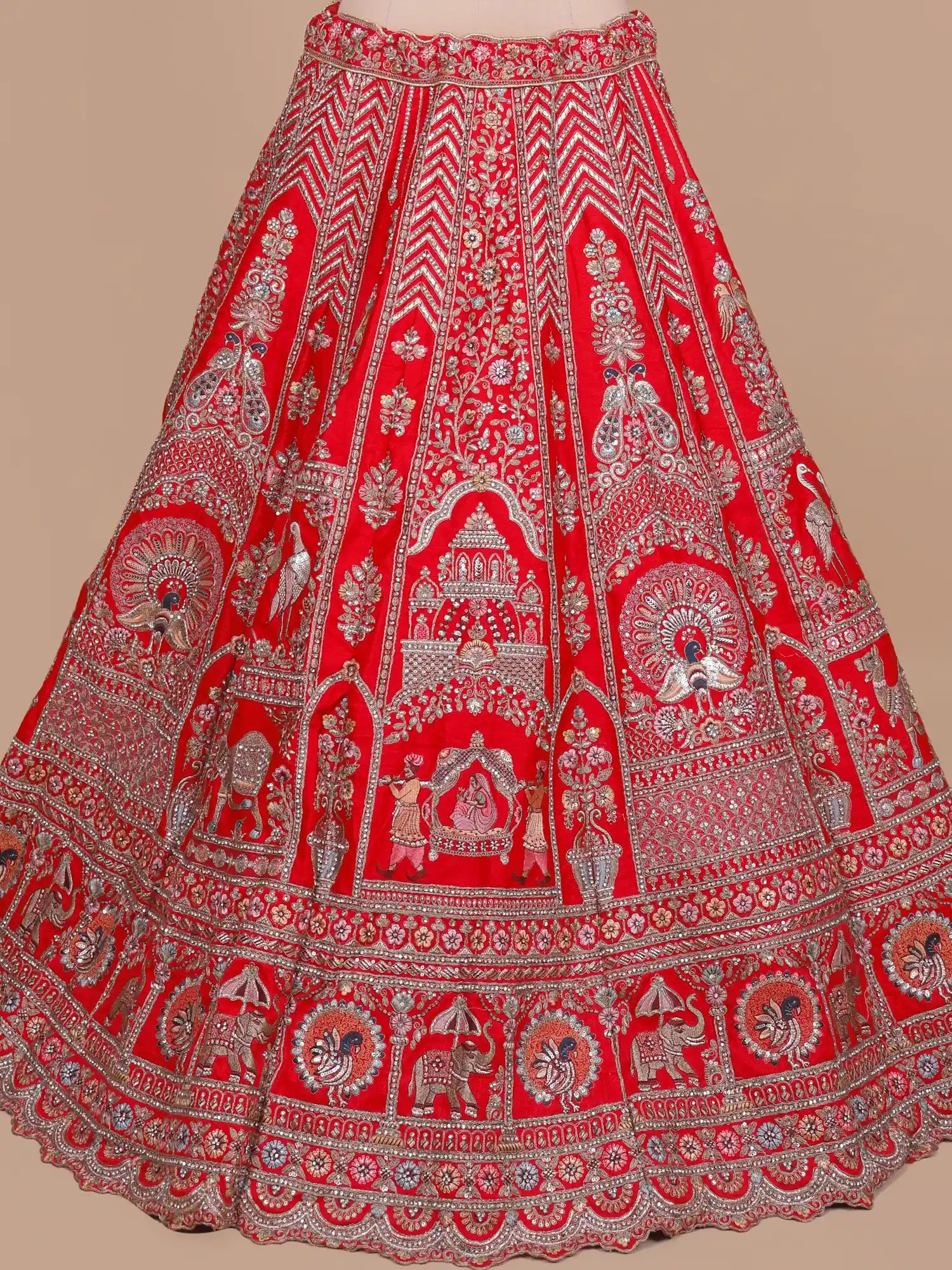 Buy Bridal Tradition Red Silk Lehenga With Elephant And Bride Doli Embroidery