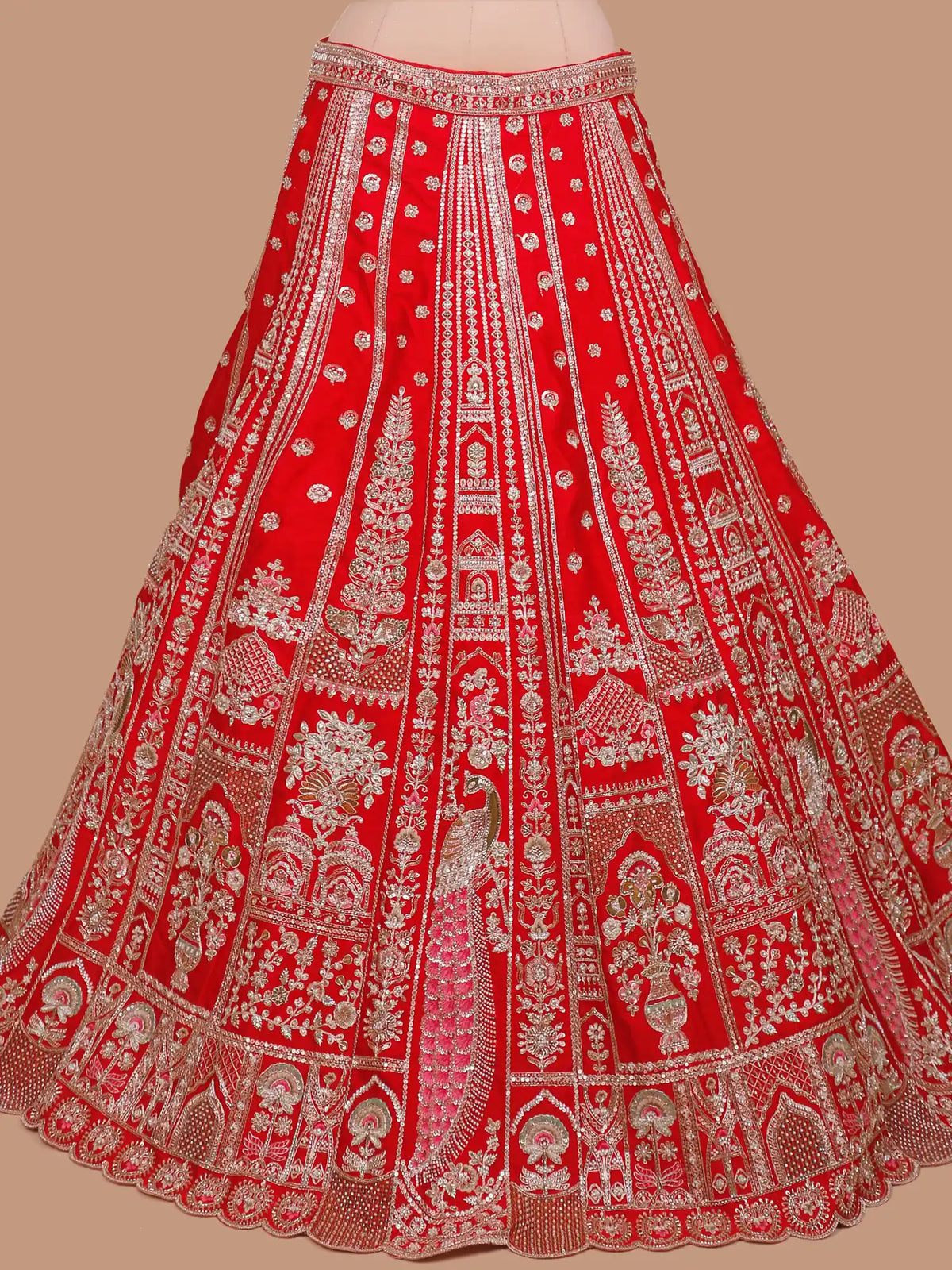 Traditional Red Silk Bridal Lehenga Featuring Floral Vase Designs