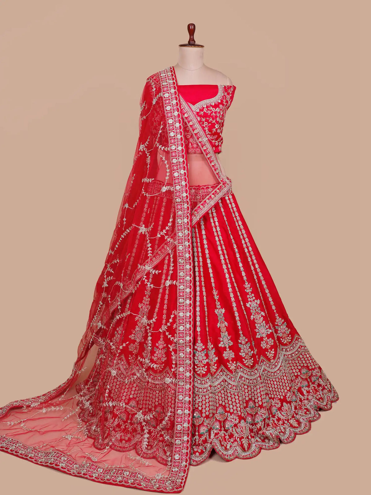 Heritage Red Silk Bridal Lehenga with Traditional Moti Thread Art