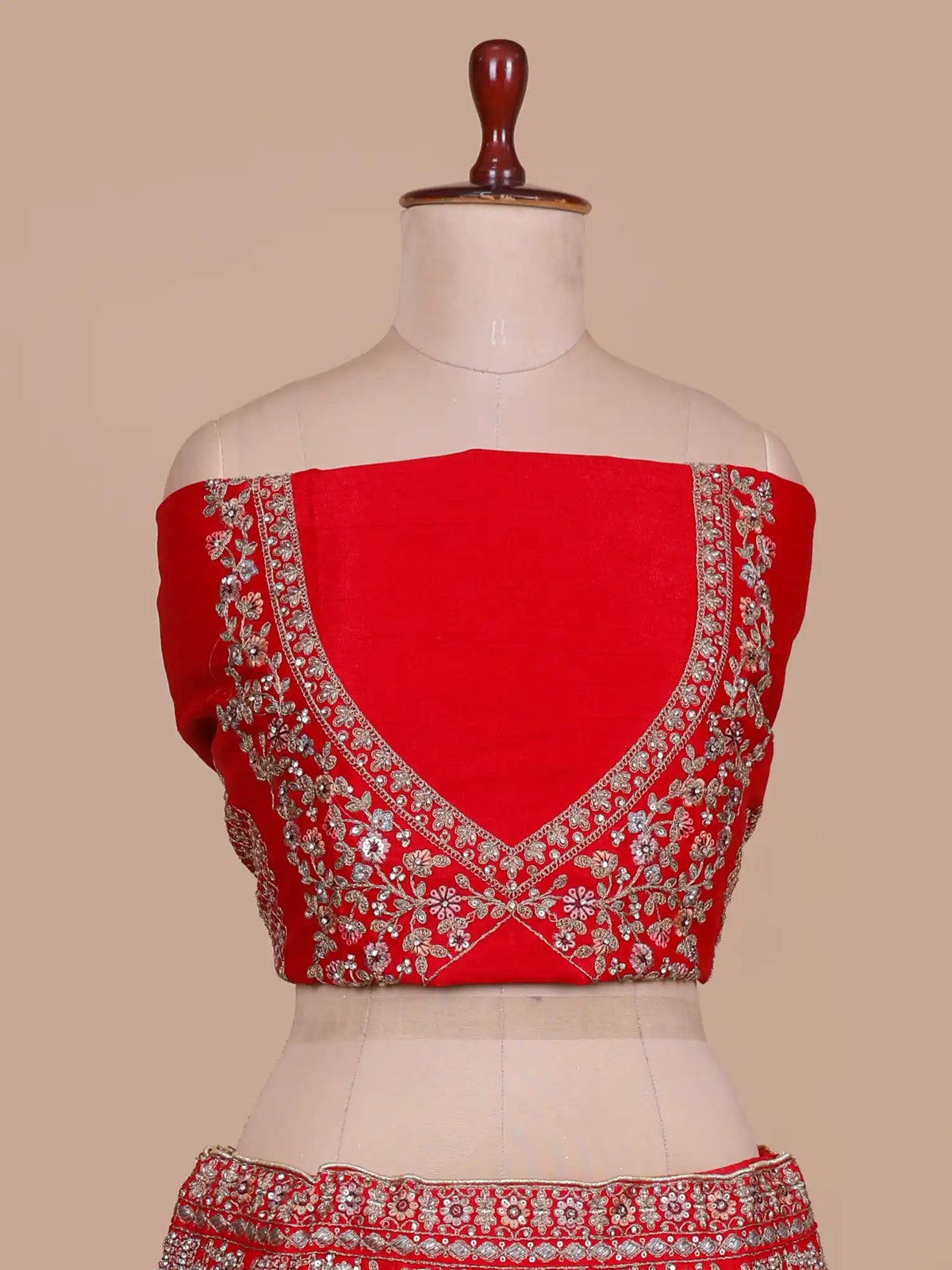 Crimson Heritage Red Silk Bridal Lehenga With Peacock and Tree Motif Detailing