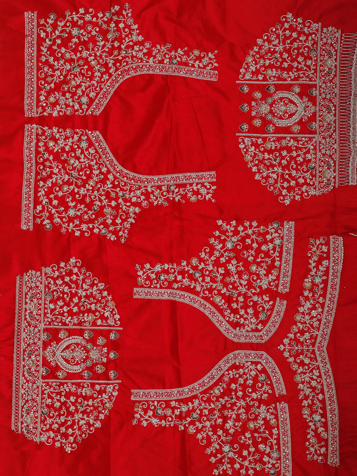 Red Silk Couture Lehenga with Domed Motifs and Intricate Silver Embroidery