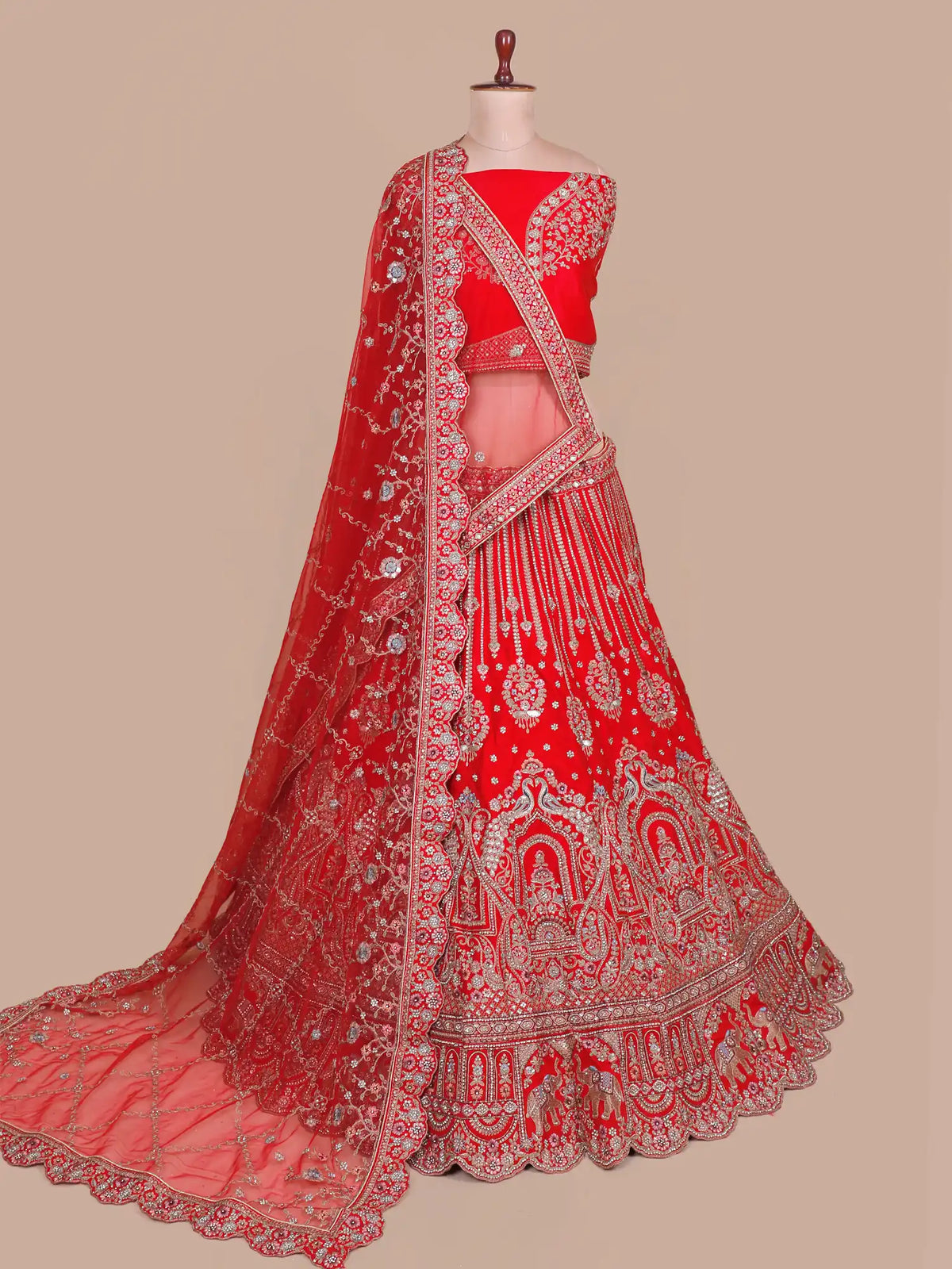 Buy Red Silk Bridal Lehenga with Elephant Peacock Embroidery