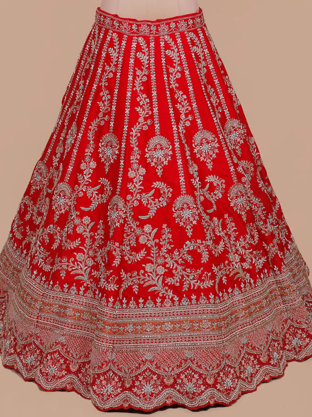 Buy Red Silk Bridal Lehenga with Floral Panels and Embellished Blouse