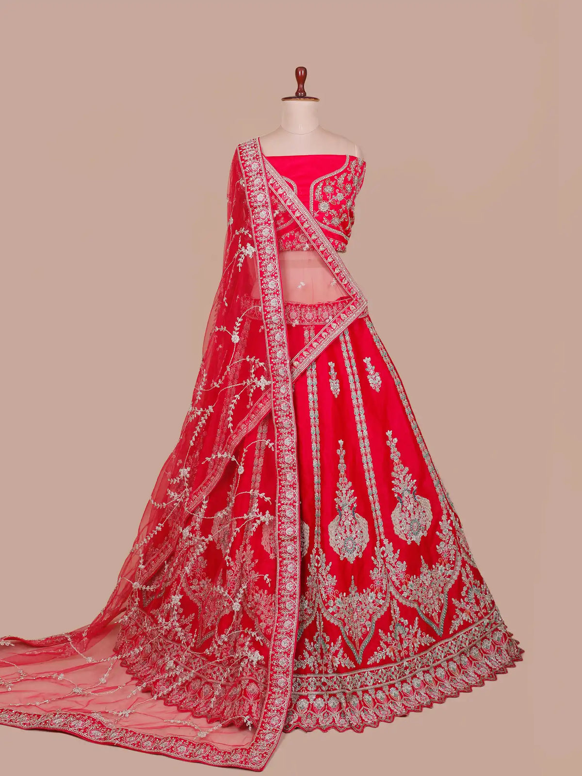 Shop Regal Red Silk Bridal Wedding Lehenga Choli Showcasing Peacock Embroidery